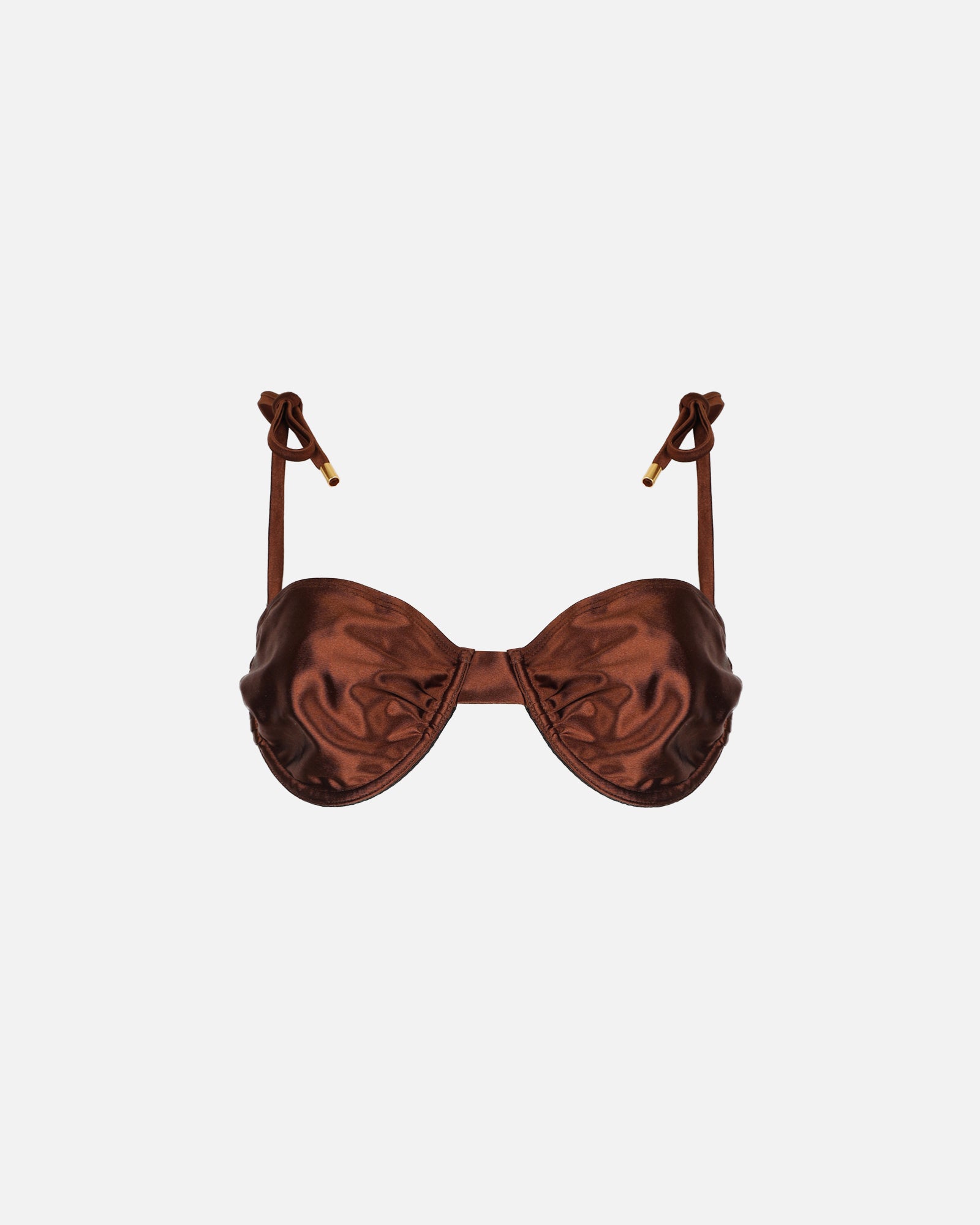 Rayos Chocolate Satin Ruched Bikini Top | SIMMI London