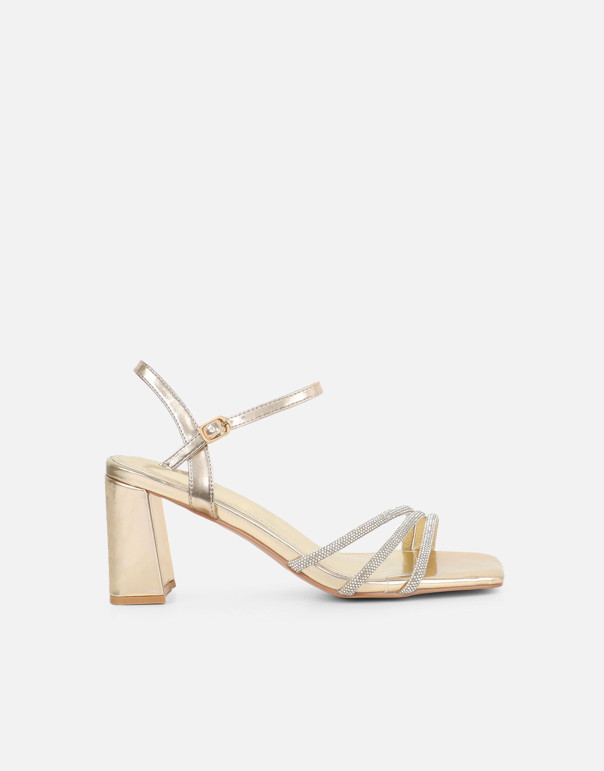 Naya Gold Metallic Diamante Block Heeled Sandals | SIMMI London