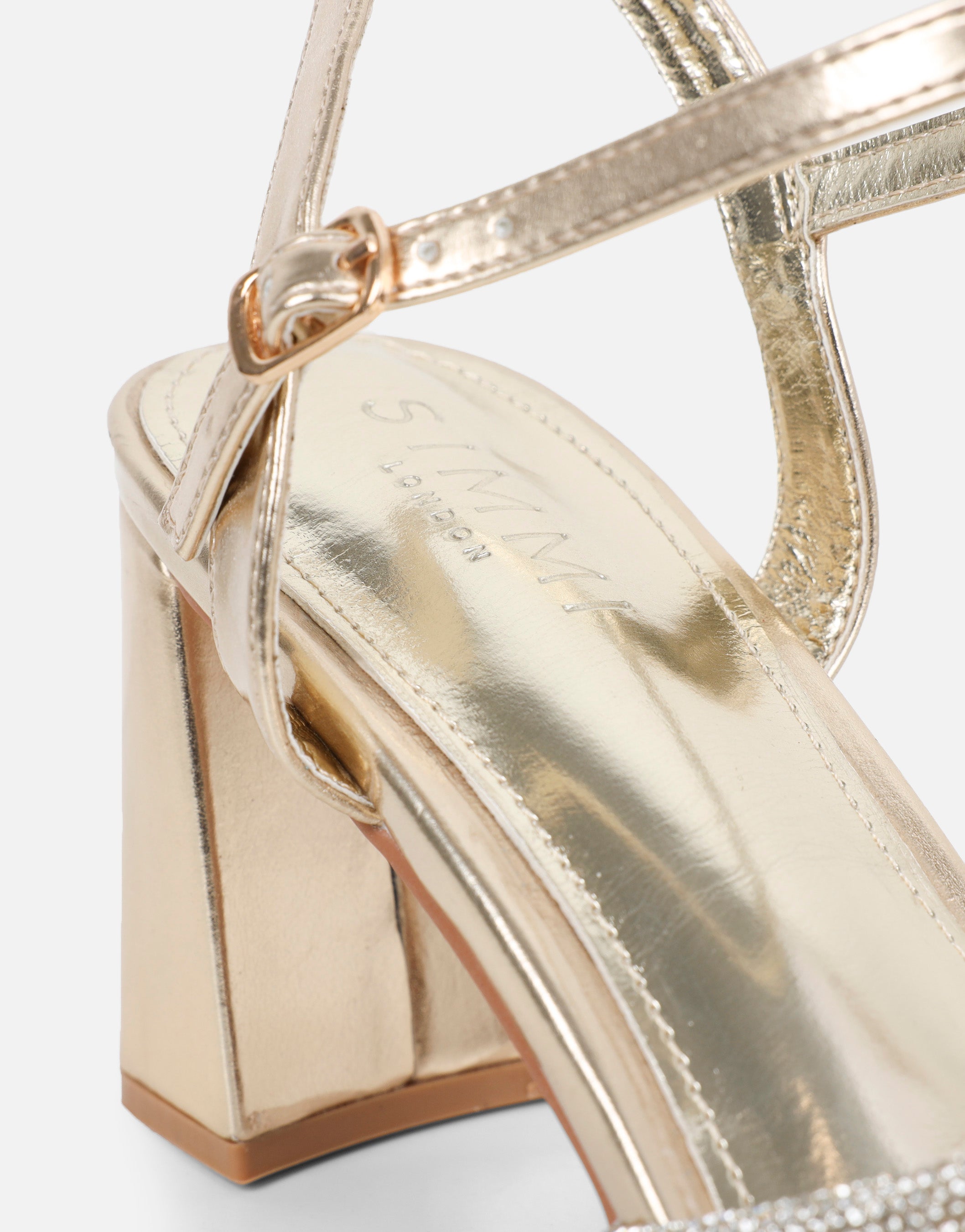 Naya Gold Metallic Diamante Block Heeled Sandals | SIMMI London