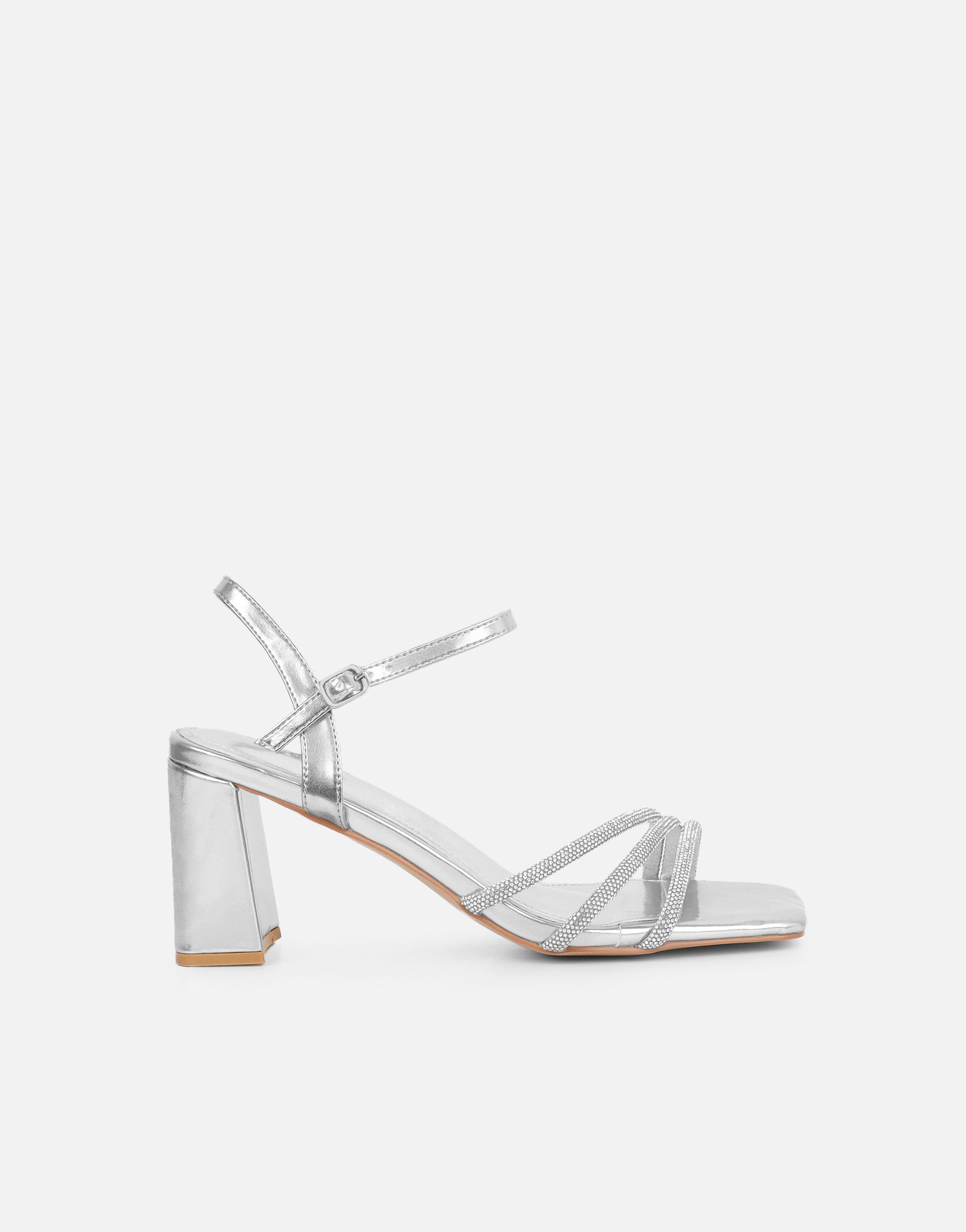 Naya Silver Metallic Diamante Block Heeled Sandals | SIMMI London