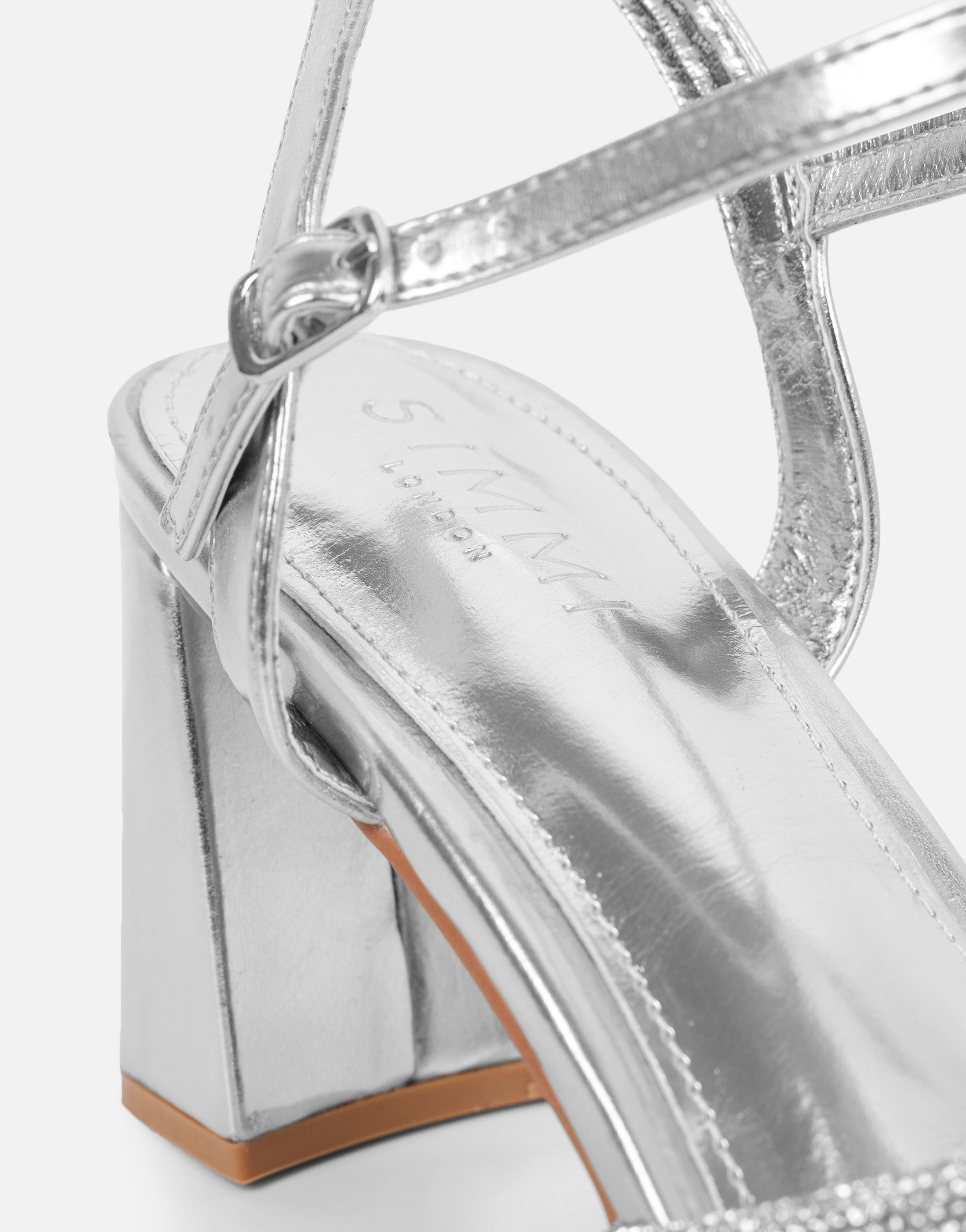 Naya Silver Metallic Diamante Block Heeled Sandals | SIMMI London
