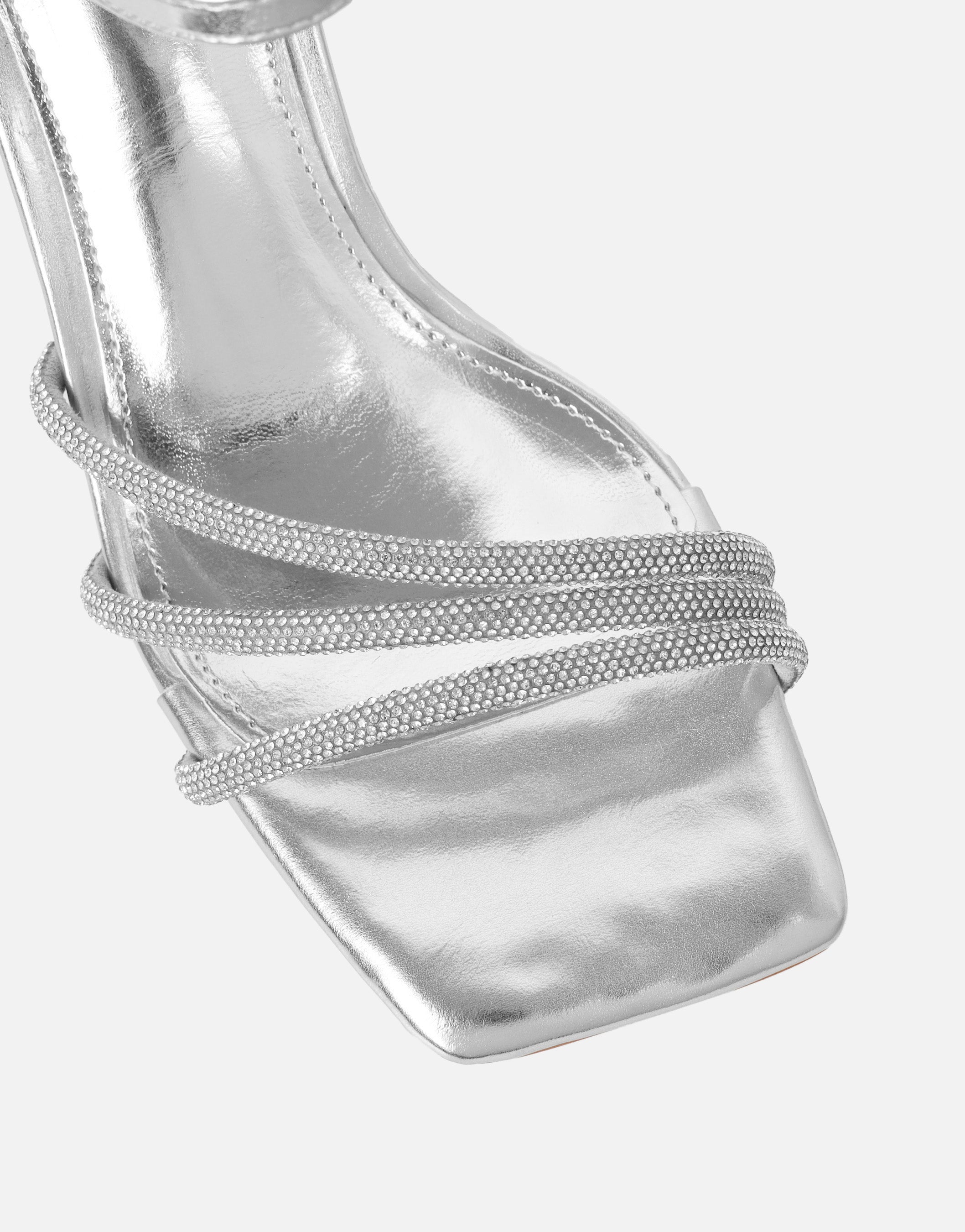 Naya Silver Metallic Diamante Block Heeled Sandals | SIMMI London