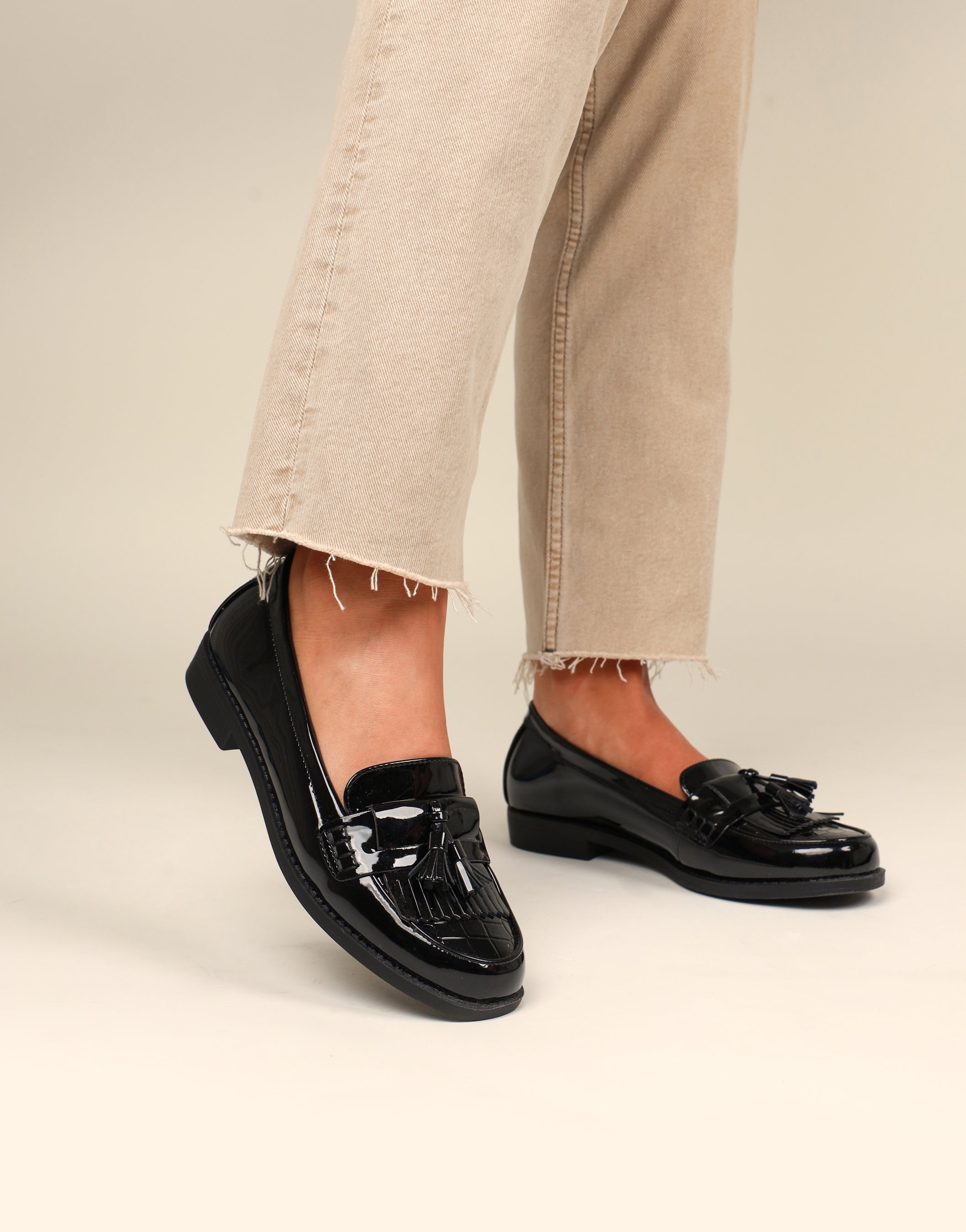 Arissa Black Patent Tassel Loafers | SIMMI London