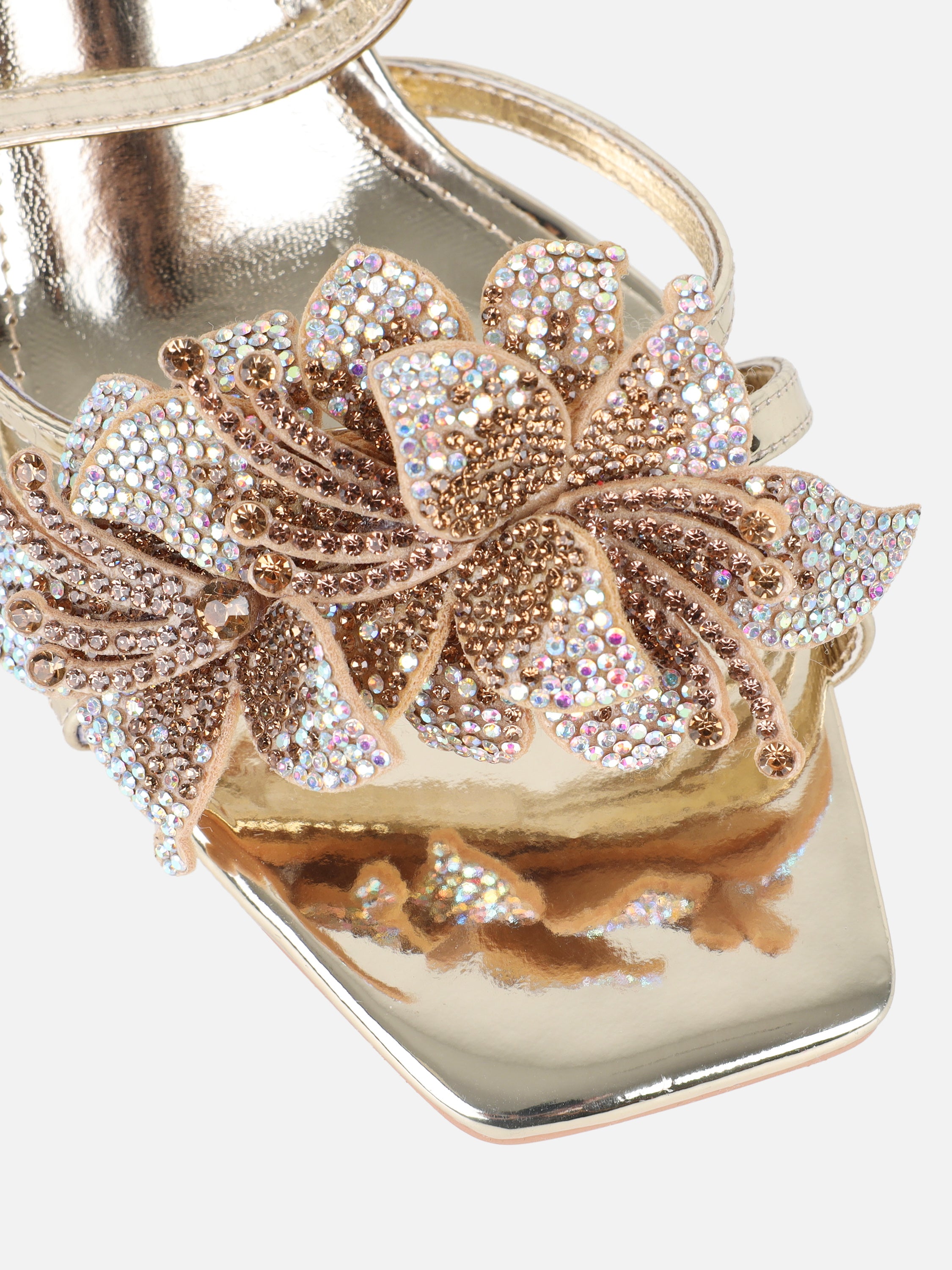 Polly Gold Mirror Flower Detail Heeled Sandals | SIMMI London