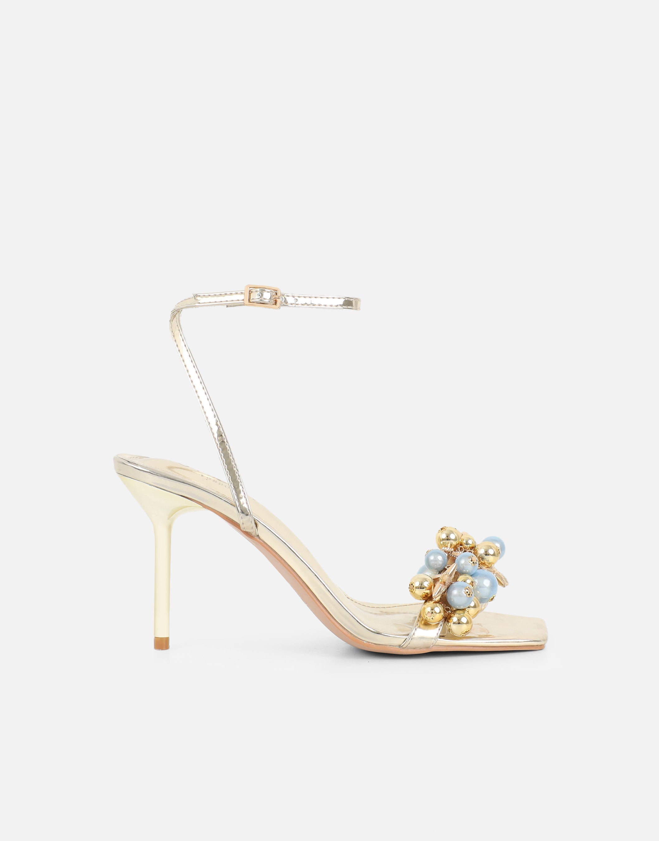 Priyanka Gold Mirror Bead Detail Heeled Sandals | SIMMI London