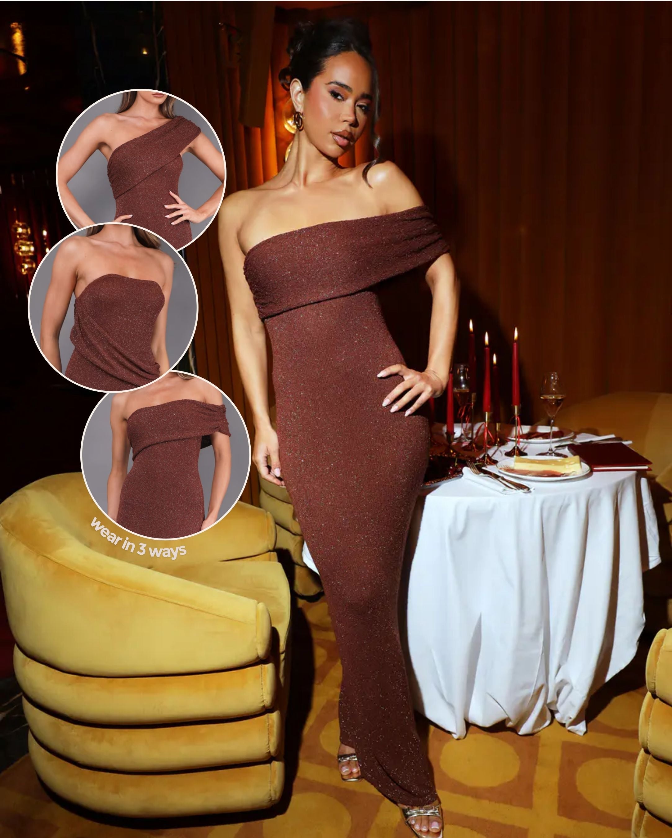 Nerina Lurex Boucle Knitted Maxi Dress in Brown