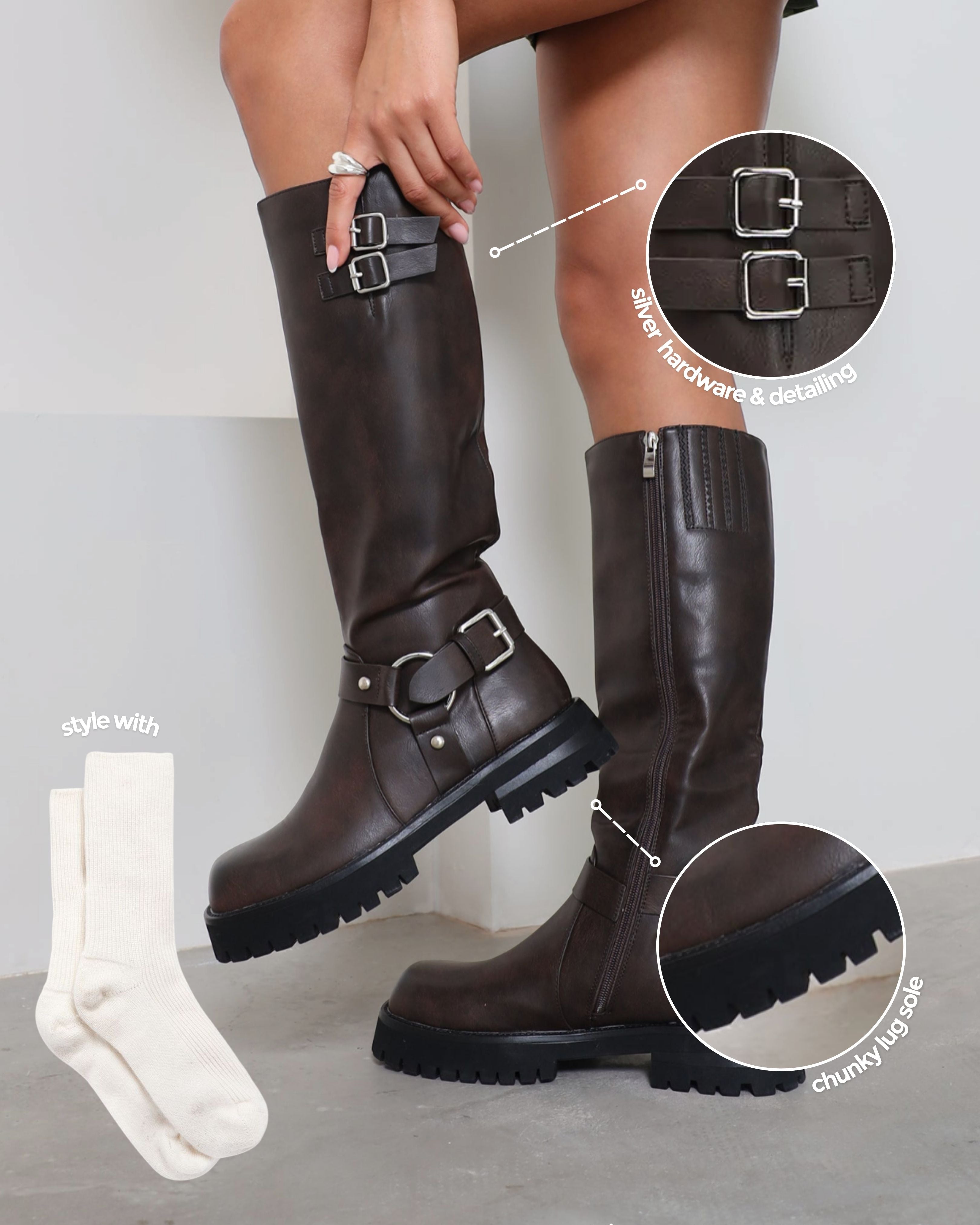 Benton Vintage Brown Knee High Chunky Biker Boots