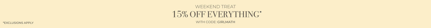 Promotional banner with '15% off everything' offer on a beige background