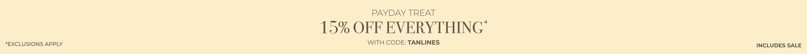 Promotional banner with 15% off everything text on a beige background