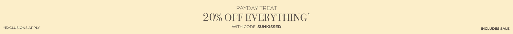 Promotional banner with '20% off everything' offer on a beige background