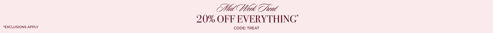 Promotional text overlay with '20% off everything' offer on a light pink background