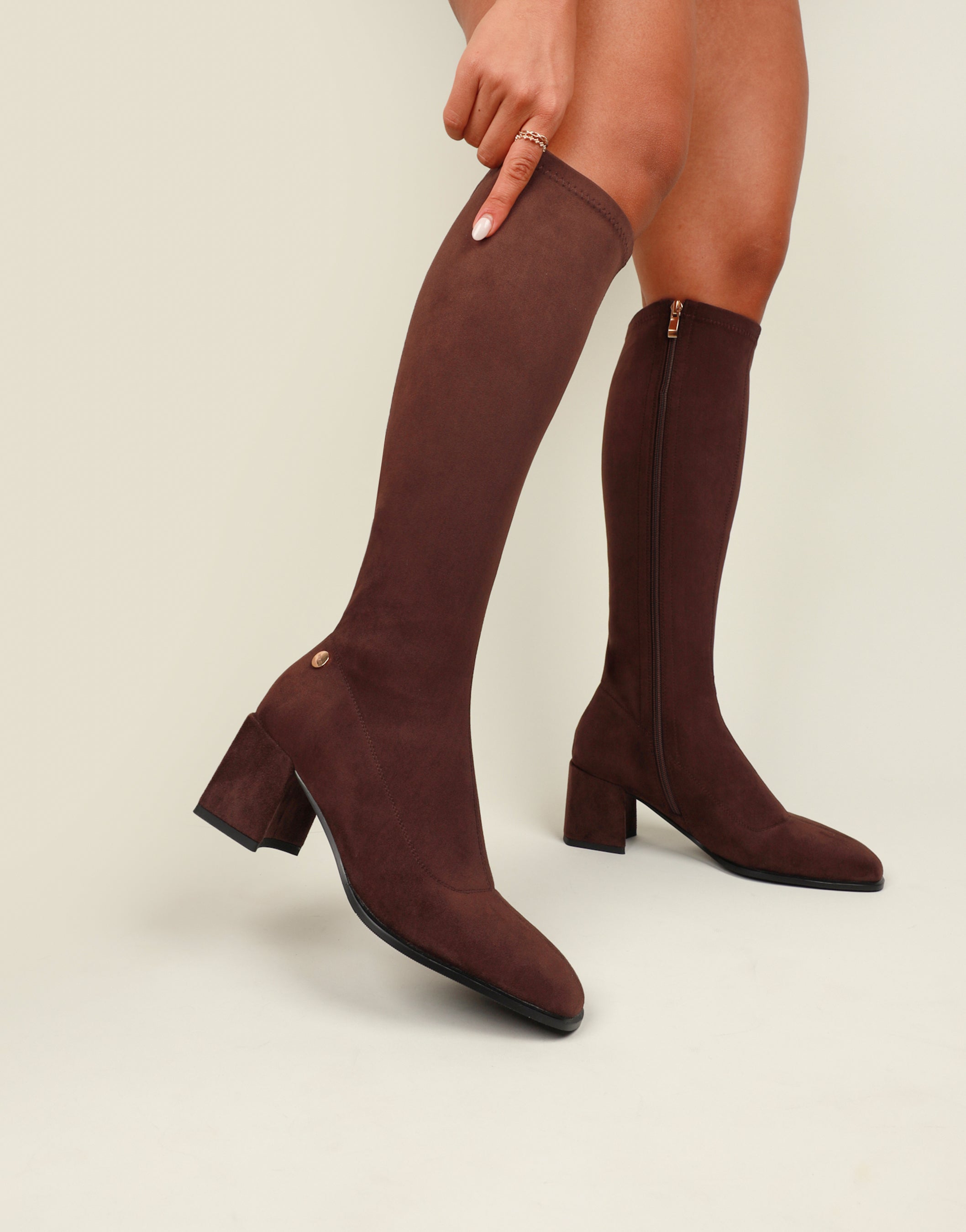 Lizzie Brown Suedette Knee High Block Heeled Boots | SIMMI London