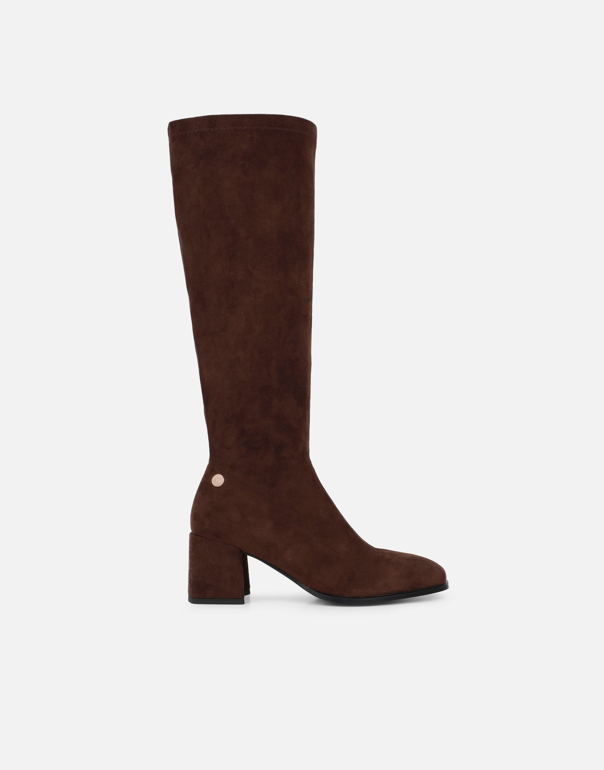 Lizzie Brown Suedette Knee High Block Heeled Boots | SIMMI London