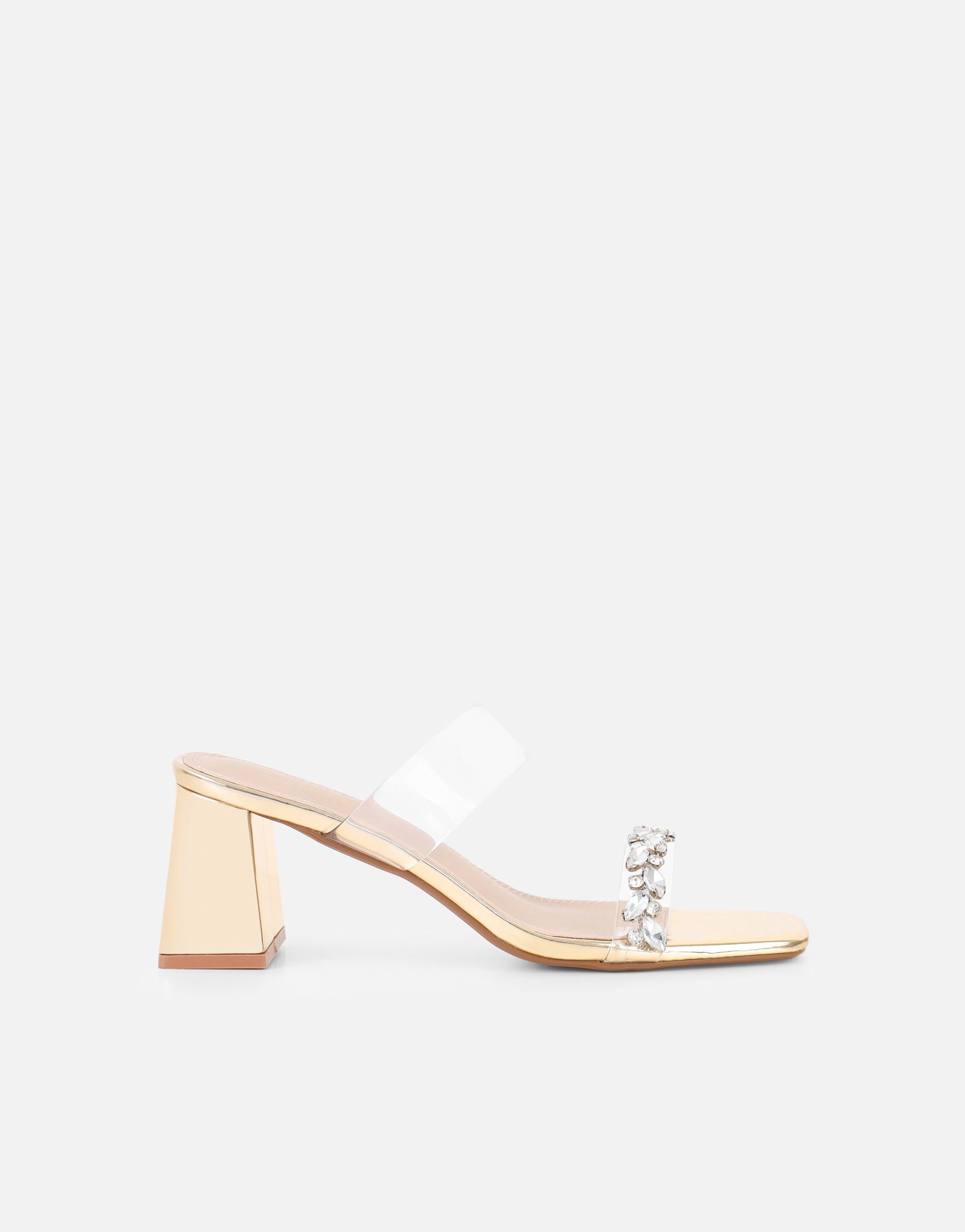 Seraphina Gold Mirror Clear Diamante Mules | SIMMI London