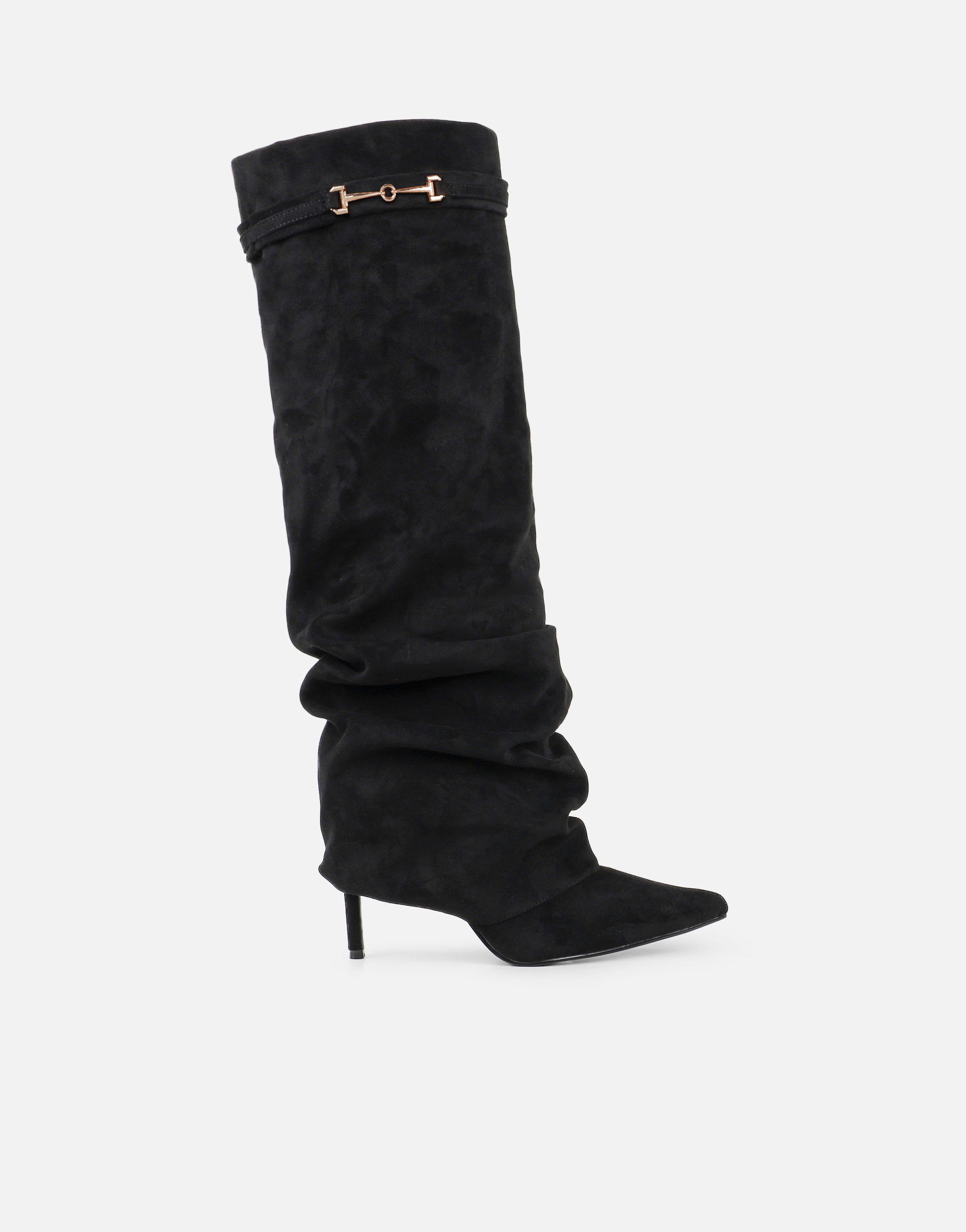 Shadi Black Suedette Knee High Ruched Boots | SIMMI London