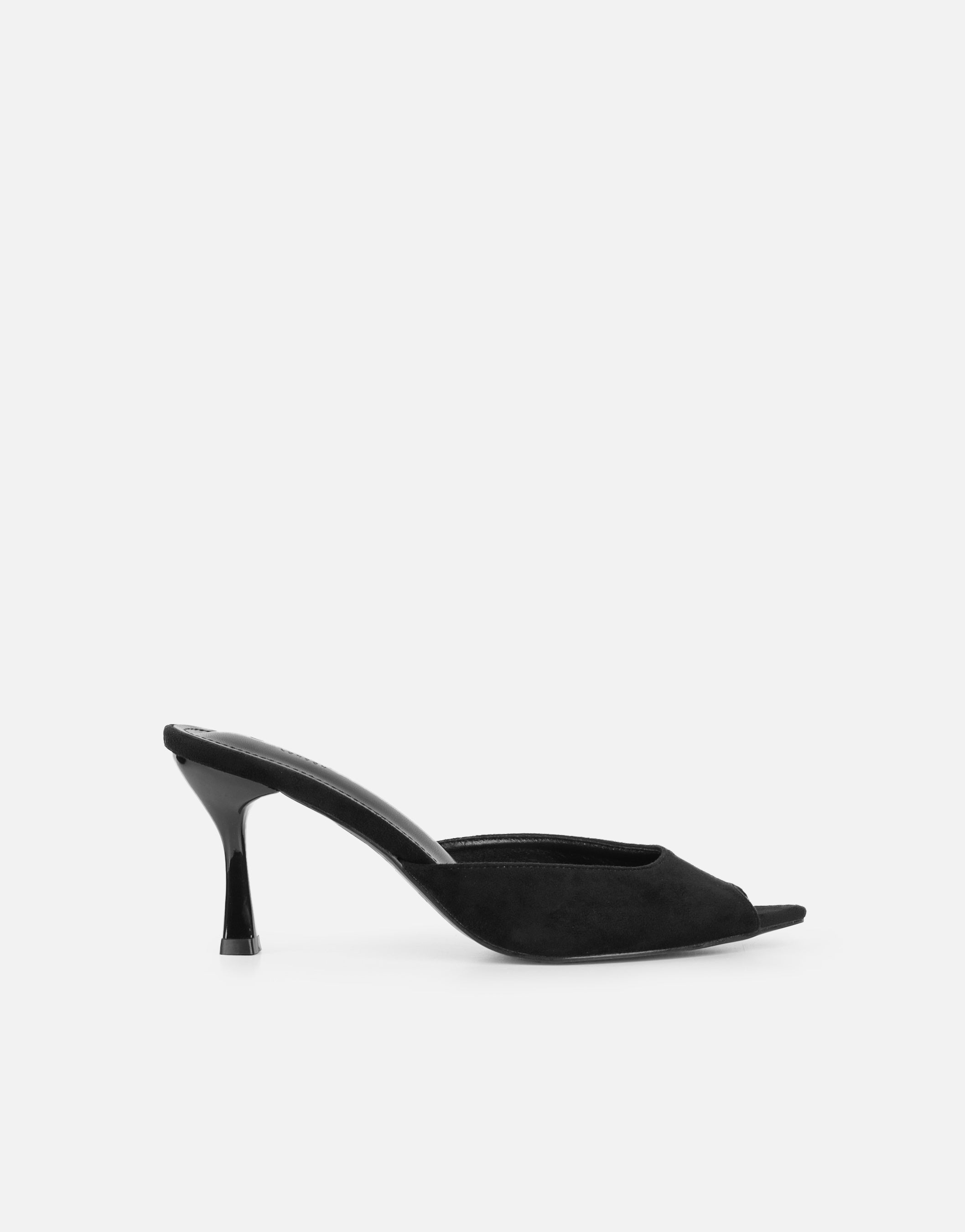 Althea Black Faux Suede Peep Toe Mule Sandals | SIMMI London