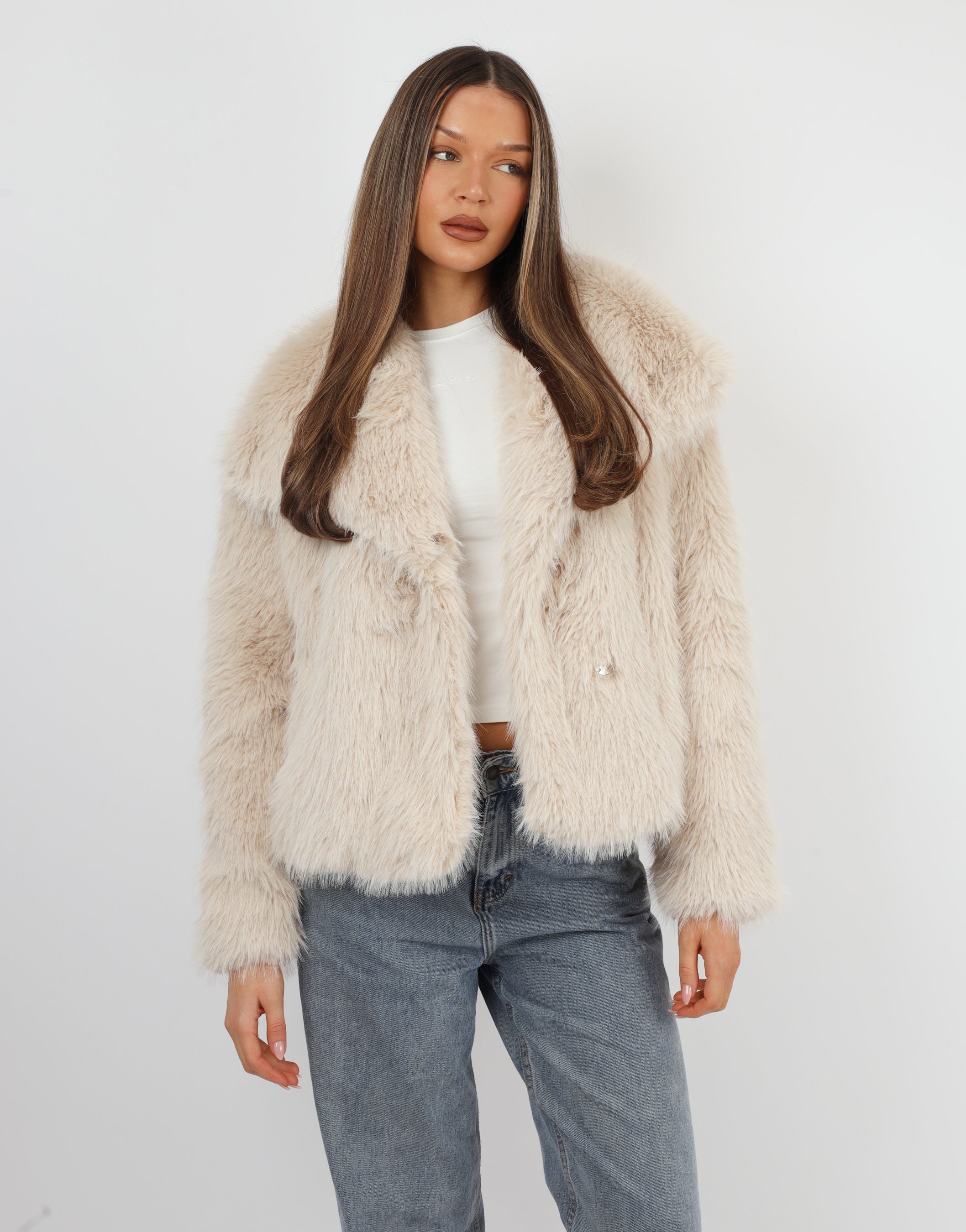 Arabella Oversized Collar Premium Faux Fur Coat in Beige | SIMMI London