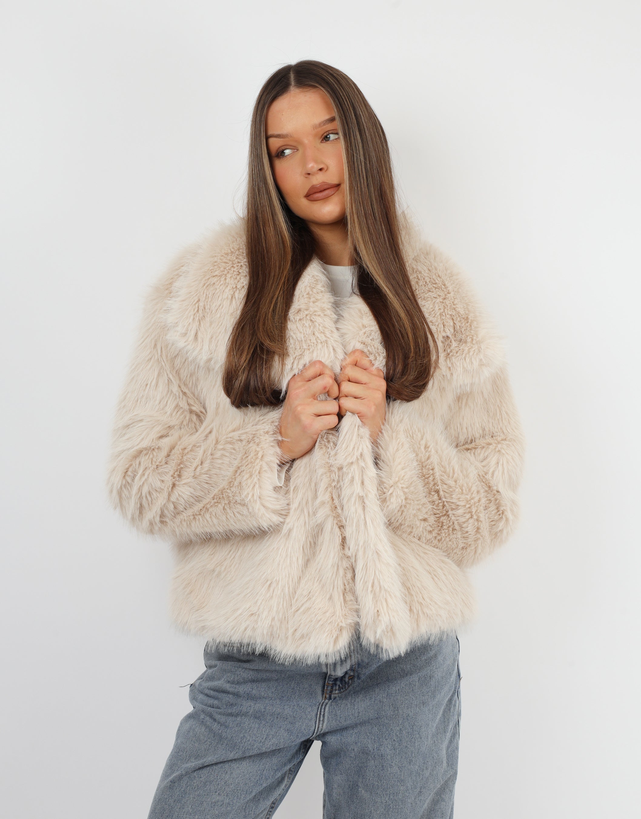 Arabella Oversized Collar Premium Faux Fur Coat in Beige | SIMMI London