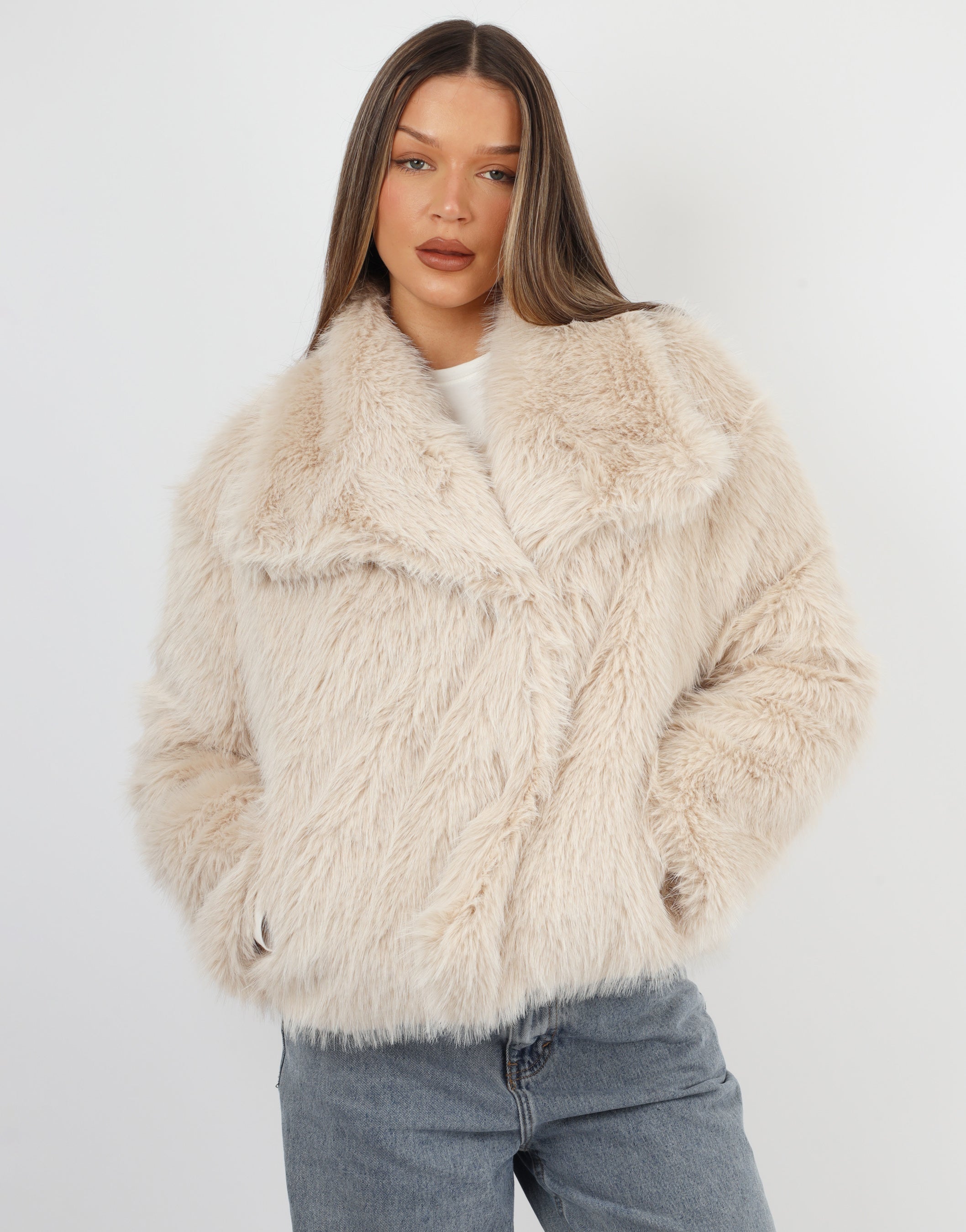 Arabella Oversized Collar Premium Faux Fur Coat in Beige | SIMMI London