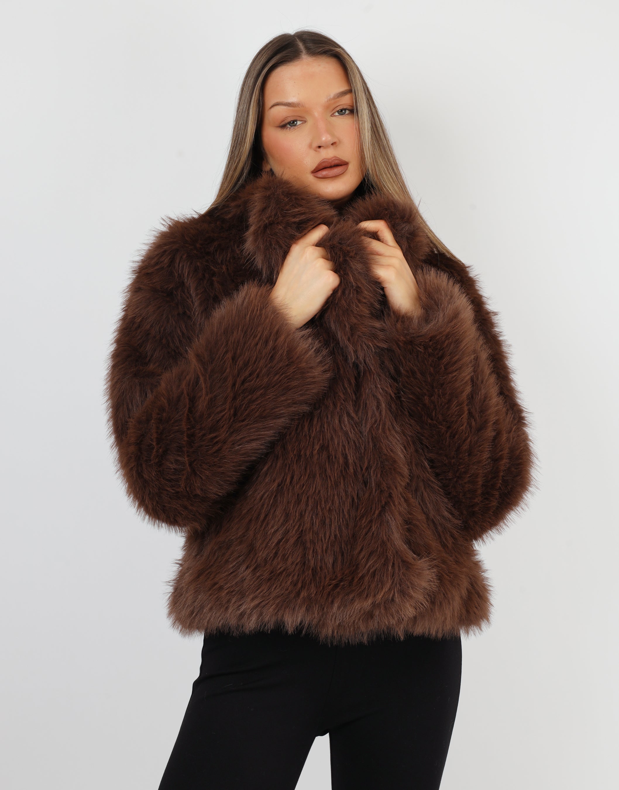Arabella Oversized Collar Premium Faux Fur Coat in Dark Brown | SIMMI London