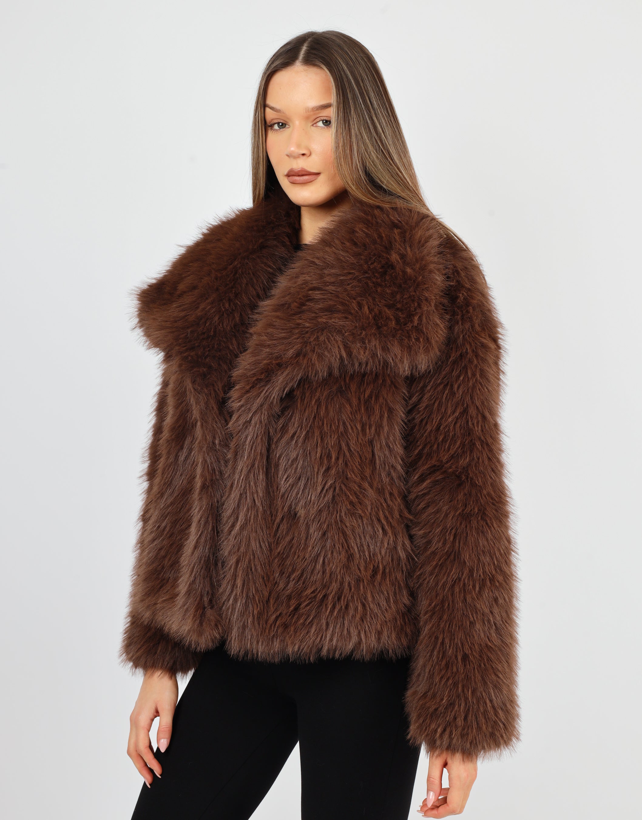Arabella Oversized Collar Premium Faux Fur Coat in Dark Brown | SIMMI London