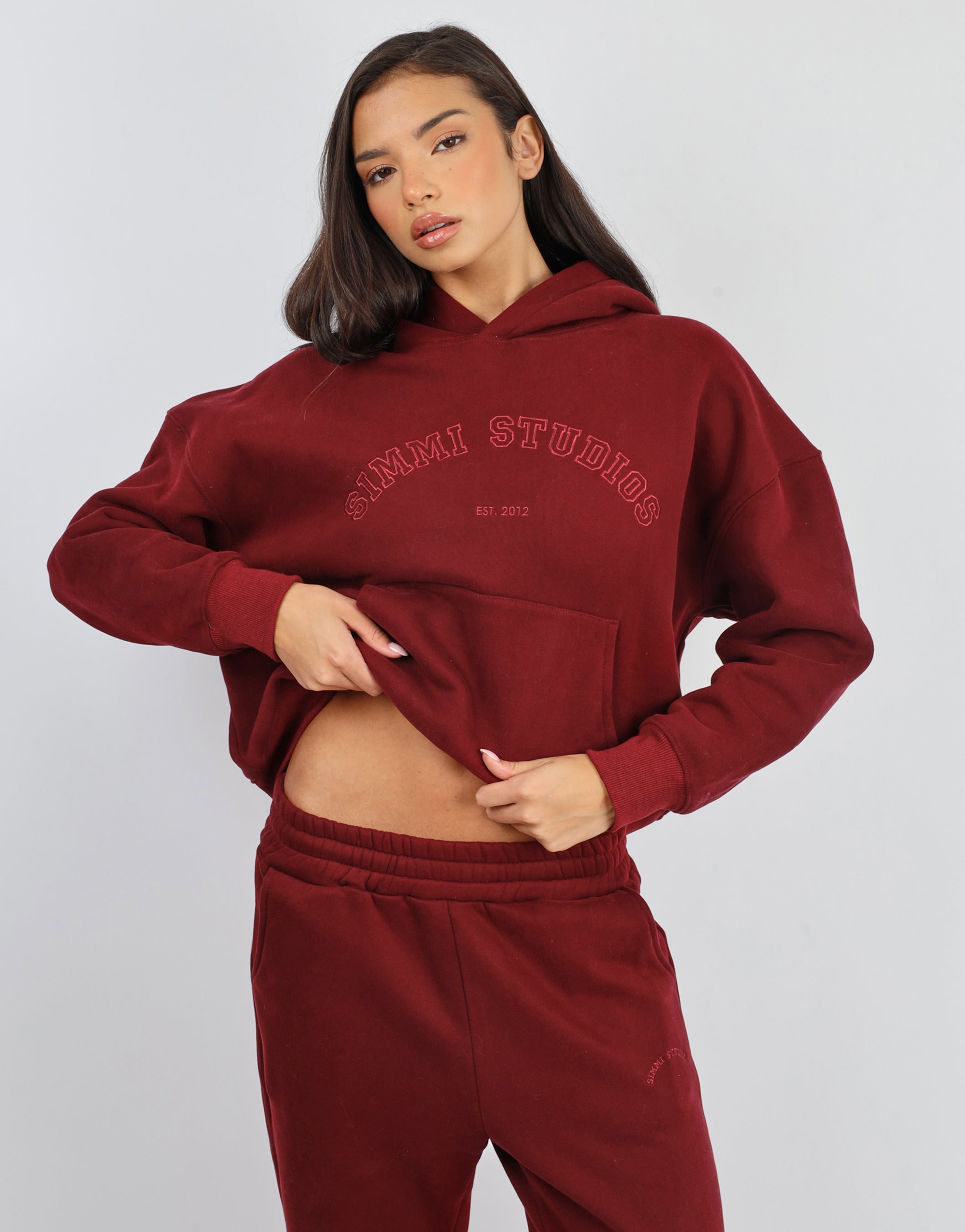 Maeve Varsity Slogan Hoodie in Cranberry | SIMMI London