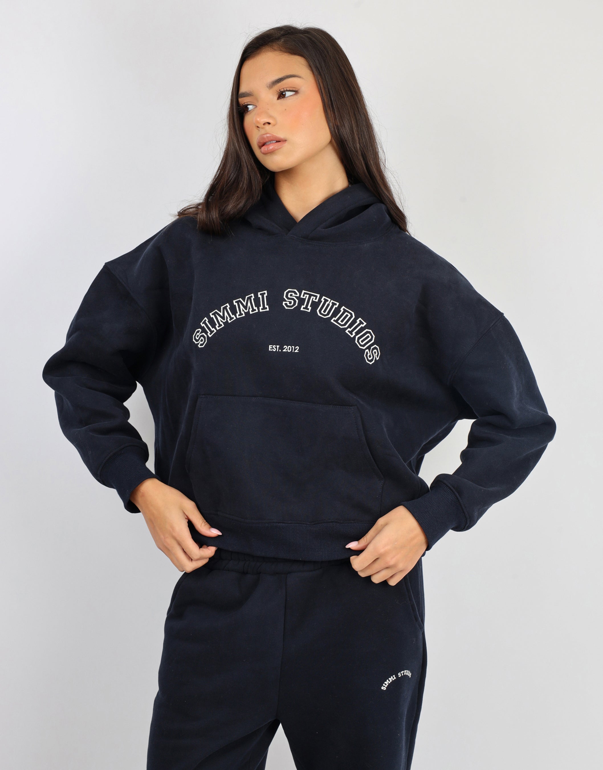 Maeve Varsity Slogan Hoodie in Oxford Blue | SIMMI London