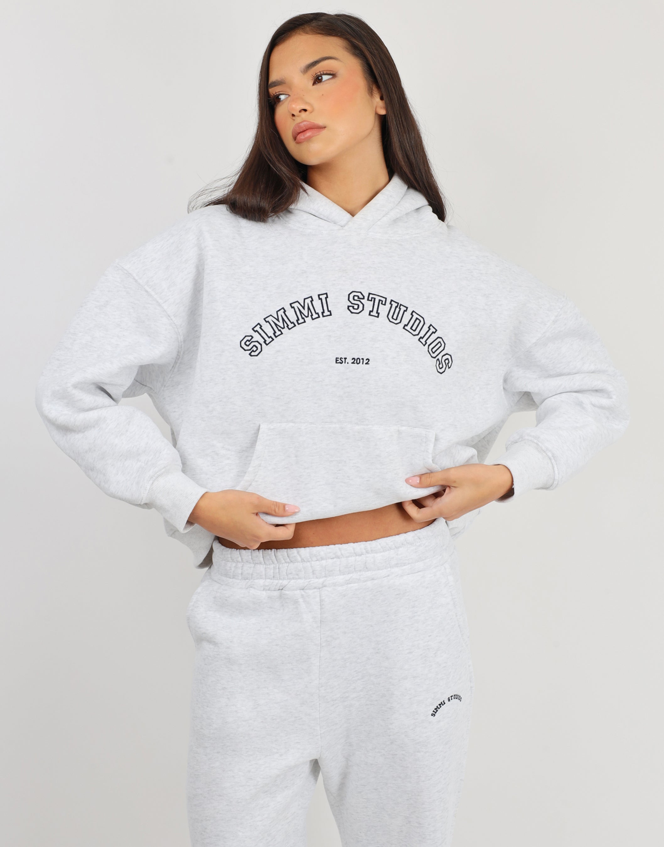 Maeve Varsity Slogan Hoodie in Pebble Grey | SIMMI London