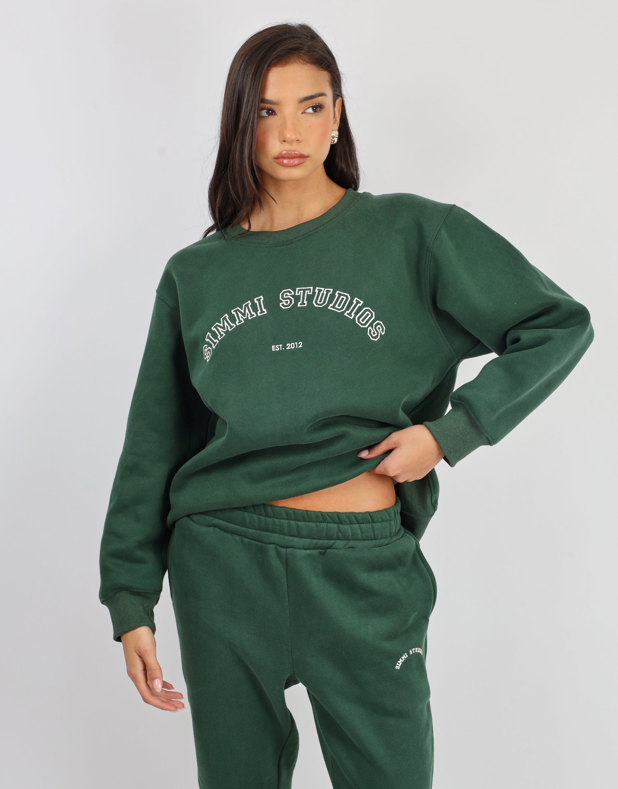 Ashby Varsity Slogan Sweatshirt in Pine Green | SIMMI London