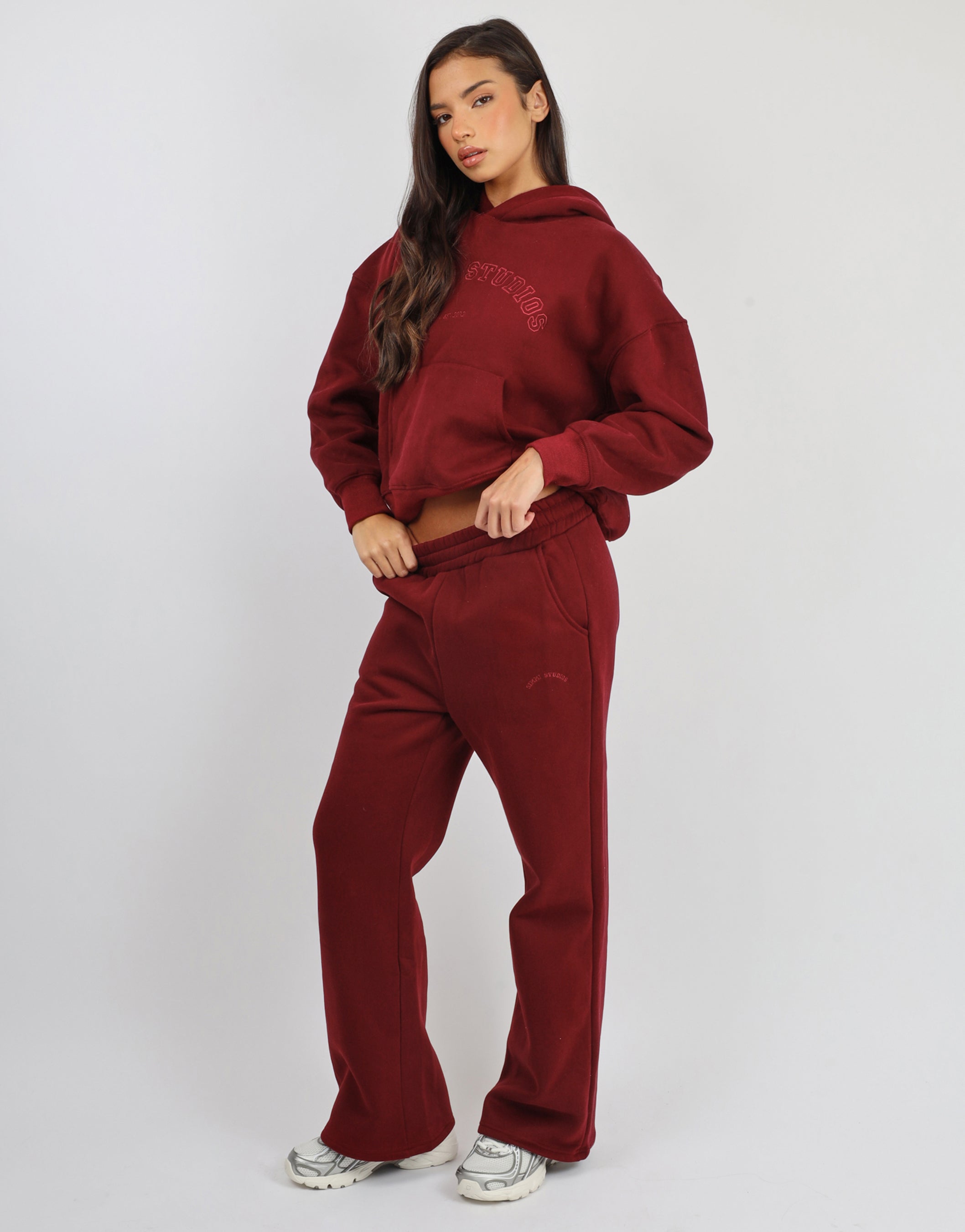Colby Varsity Flared Joggers in Cranberry | SIMMI London