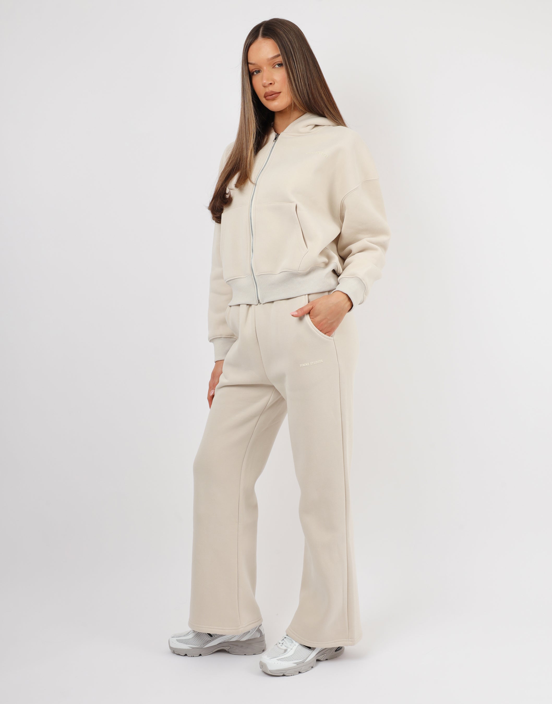 Maddie Simmi Studios Essentials Flared Joggers in Light Beige | SIMMI London