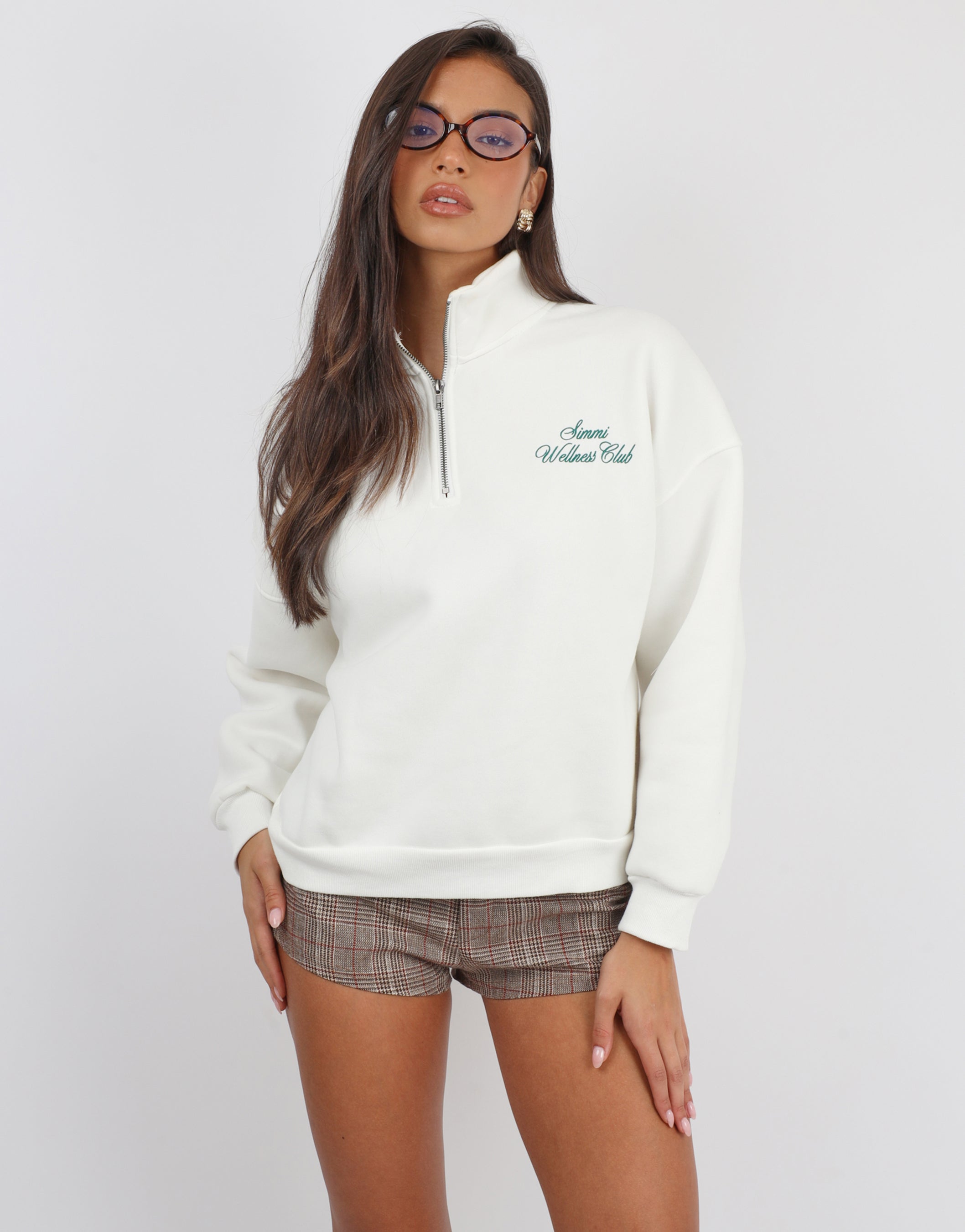 Ames Half Zip Slogan Sweatshirt in White | SIMMI London