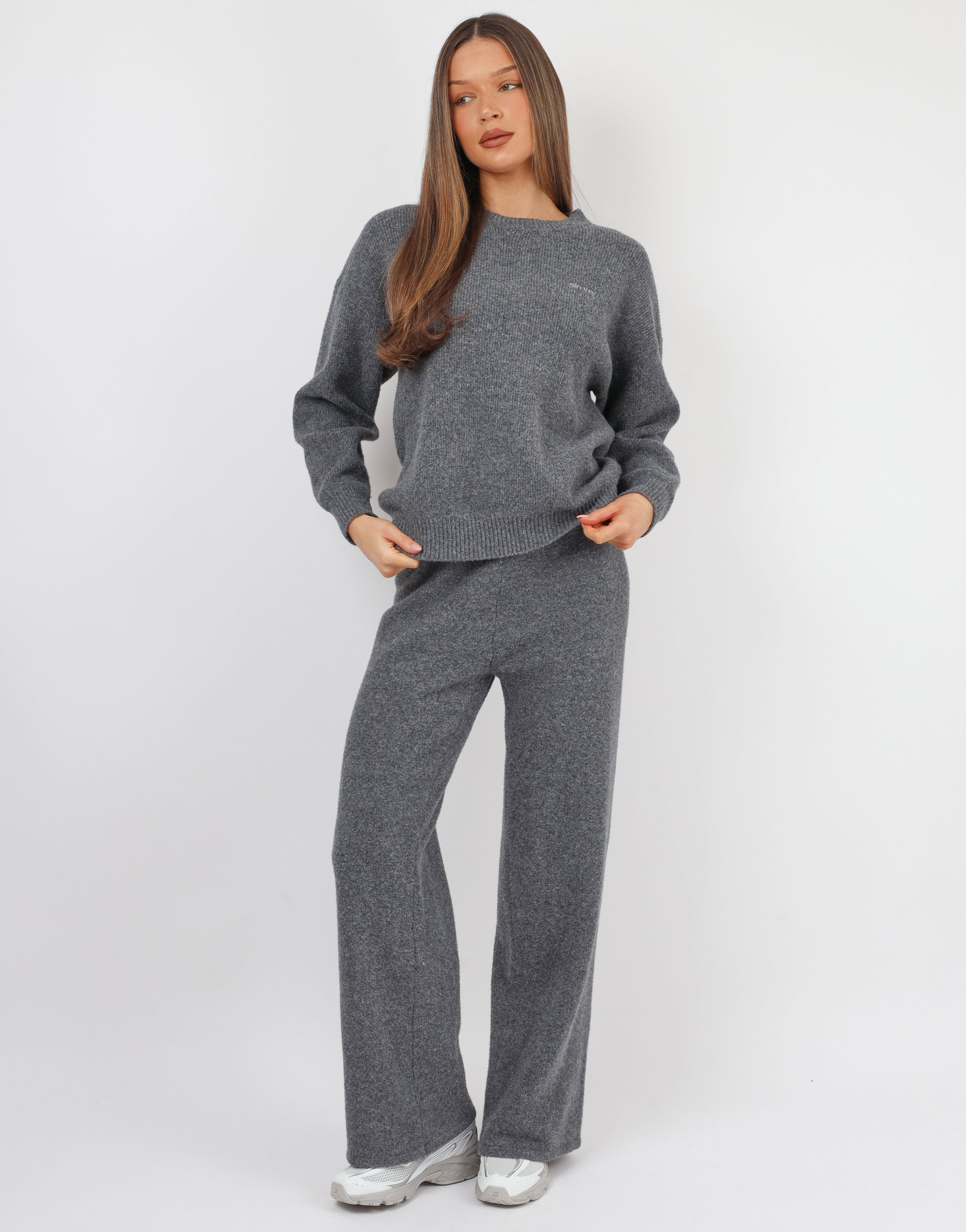 Eve Simmi studios soft touch wide leg trousers in dark grey | SIMMI London