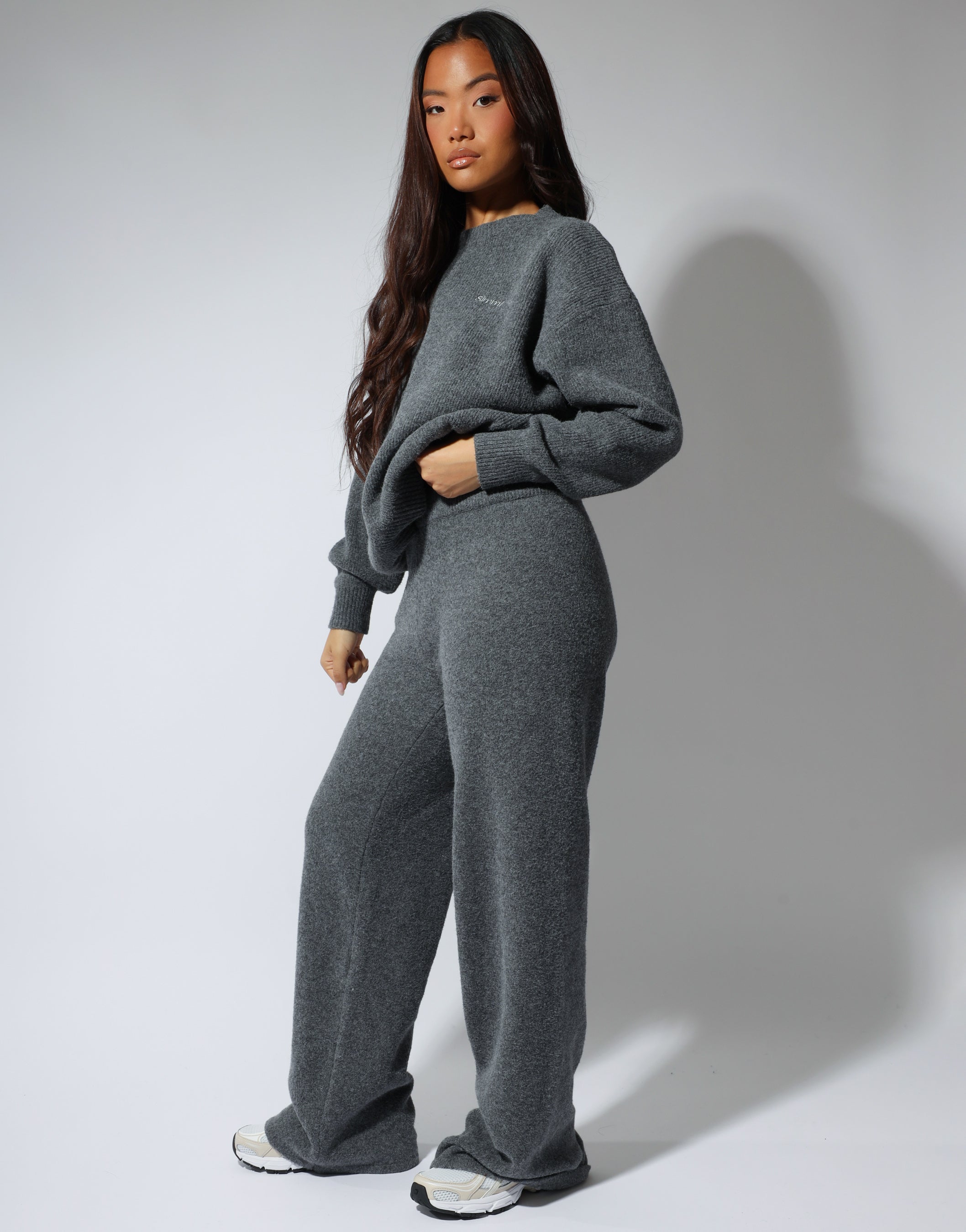Eve simmi studios soft touch wide leg trousers in dark grey | SIMMI London