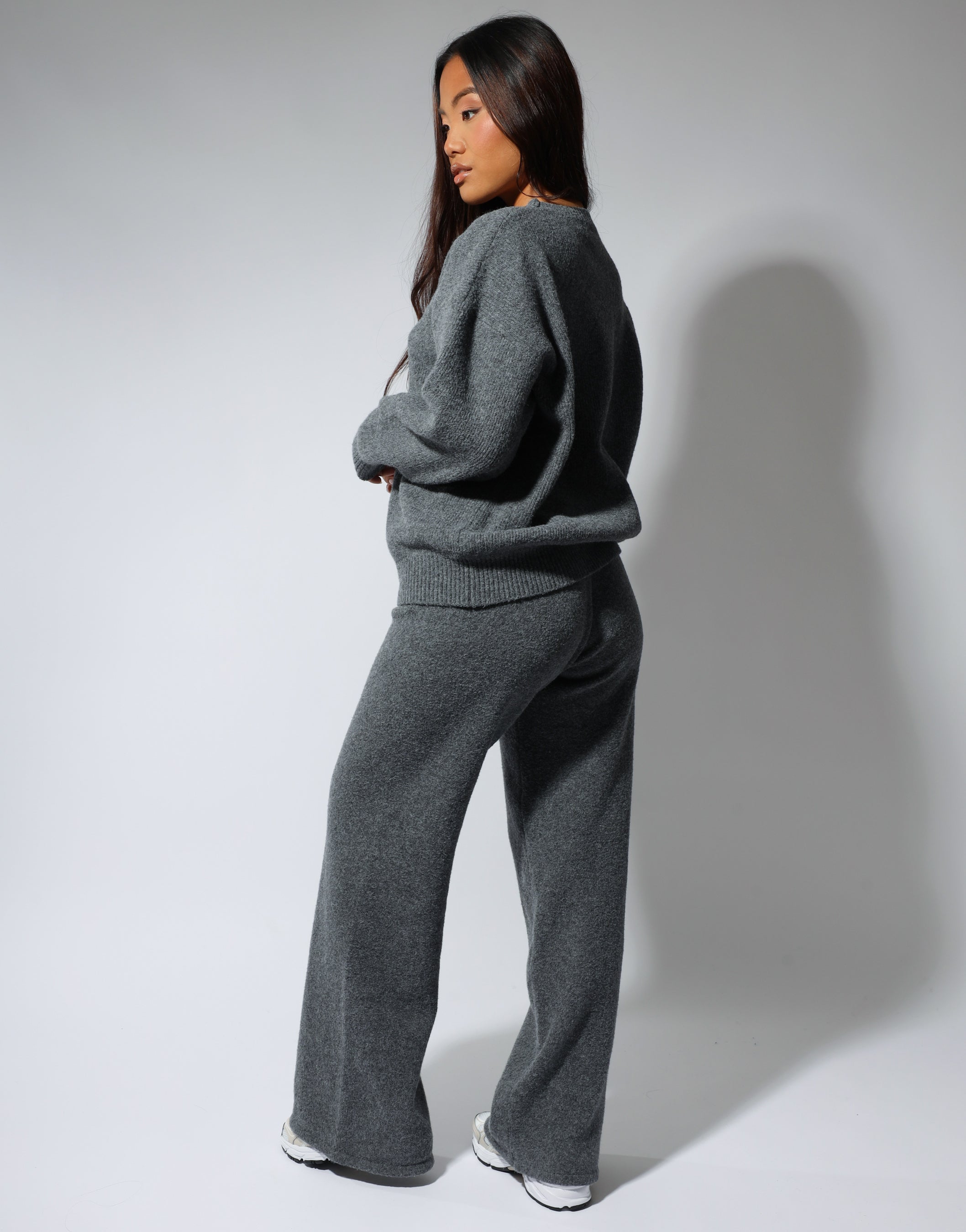 Eve simmi studios soft touch wide leg trousers in dark grey | SIMMI London