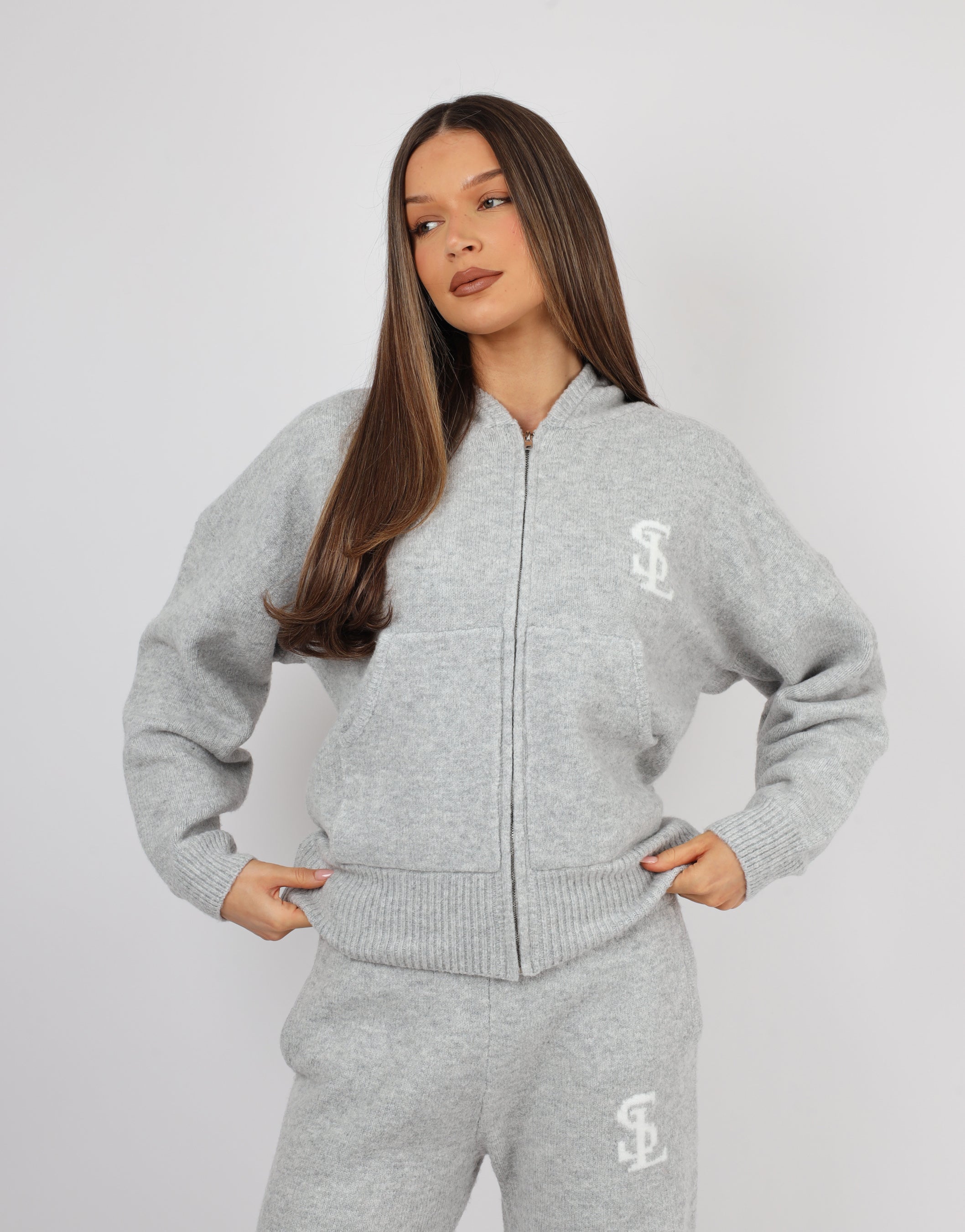 Romy Simmi Studios Chunky Knit Hoodie In Light Grey | SIMMI London
