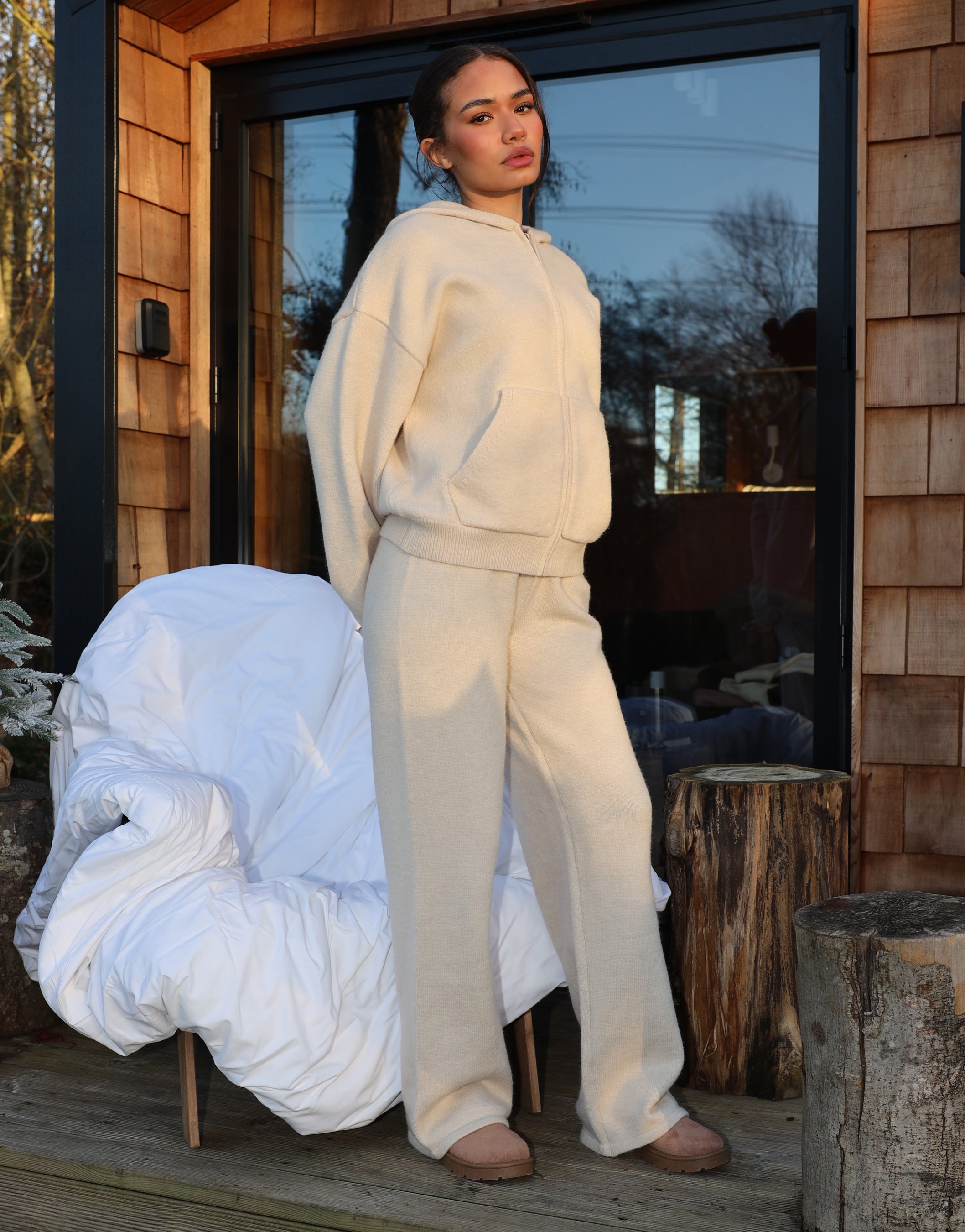 Harper Simmi Studios Knitted Zip Hoodie In Beige | SIMMI London