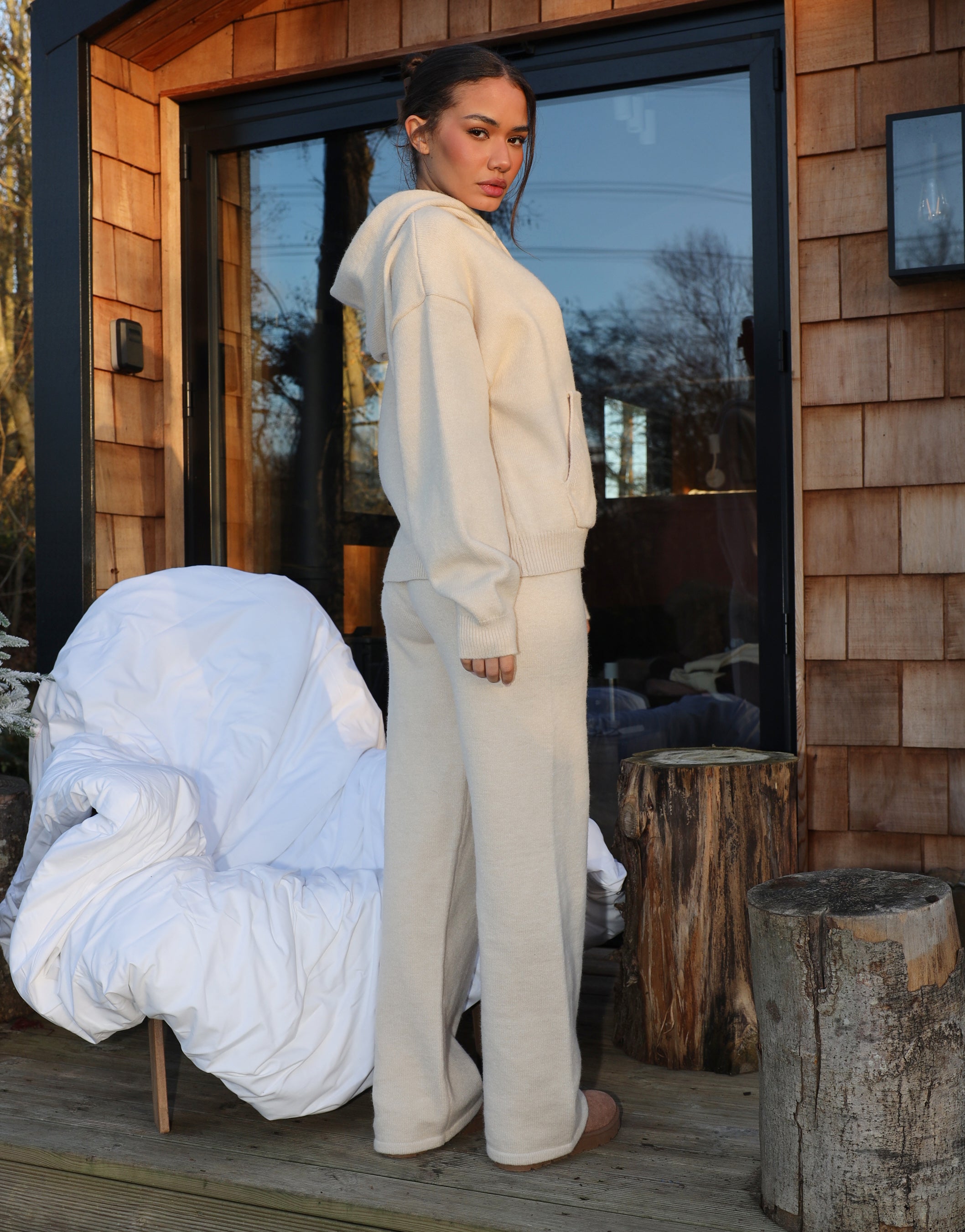 Harper Simmi Studios Knitted Zip Hoodie In Beige | SIMMI London