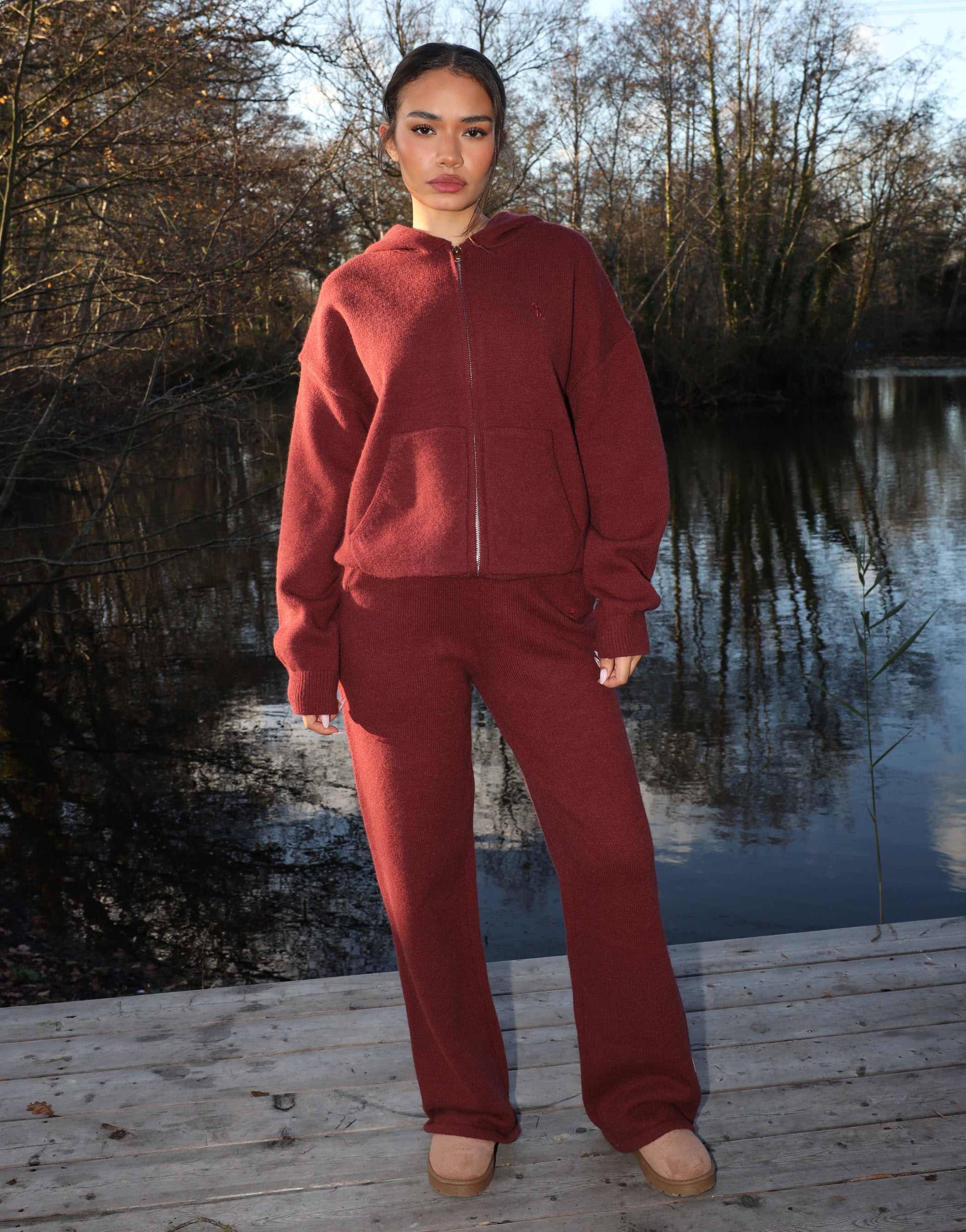 Harper Simmi Studios Knitted Zip Hoodie In Burgundy | SIMMI London