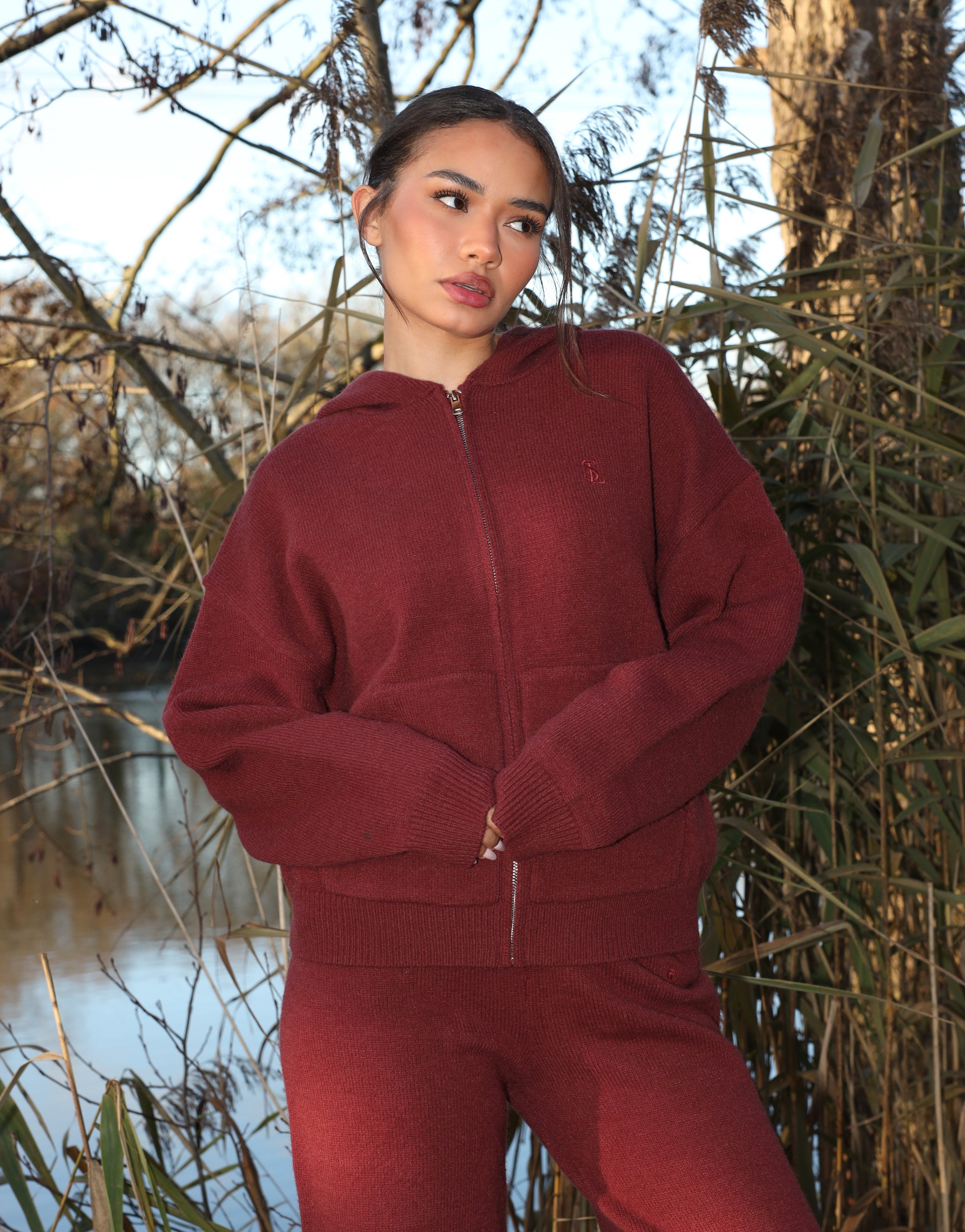 Harper Simmi Studios Knitted Zip Hoodie In Burgundy | SIMMI London