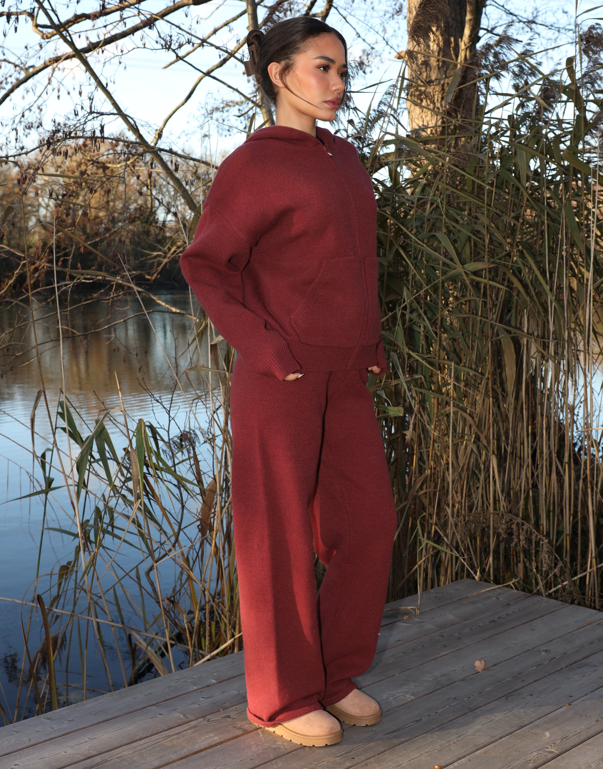 Harper Simmi Studios Knitted Zip Hoodie In Burgundy | SIMMI London