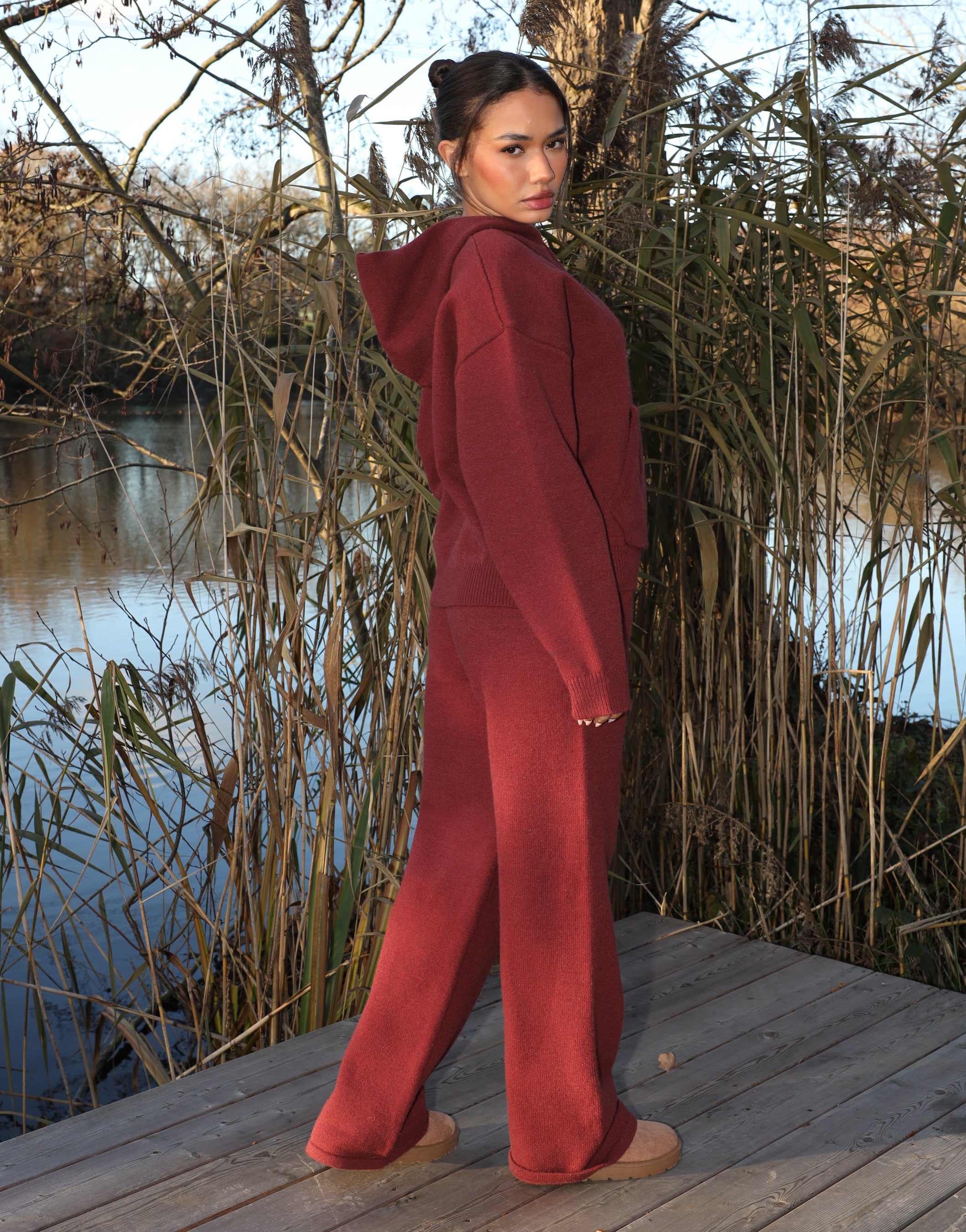 Harper Simmi Studios Knitted Zip Hoodie In Burgundy | SIMMI London