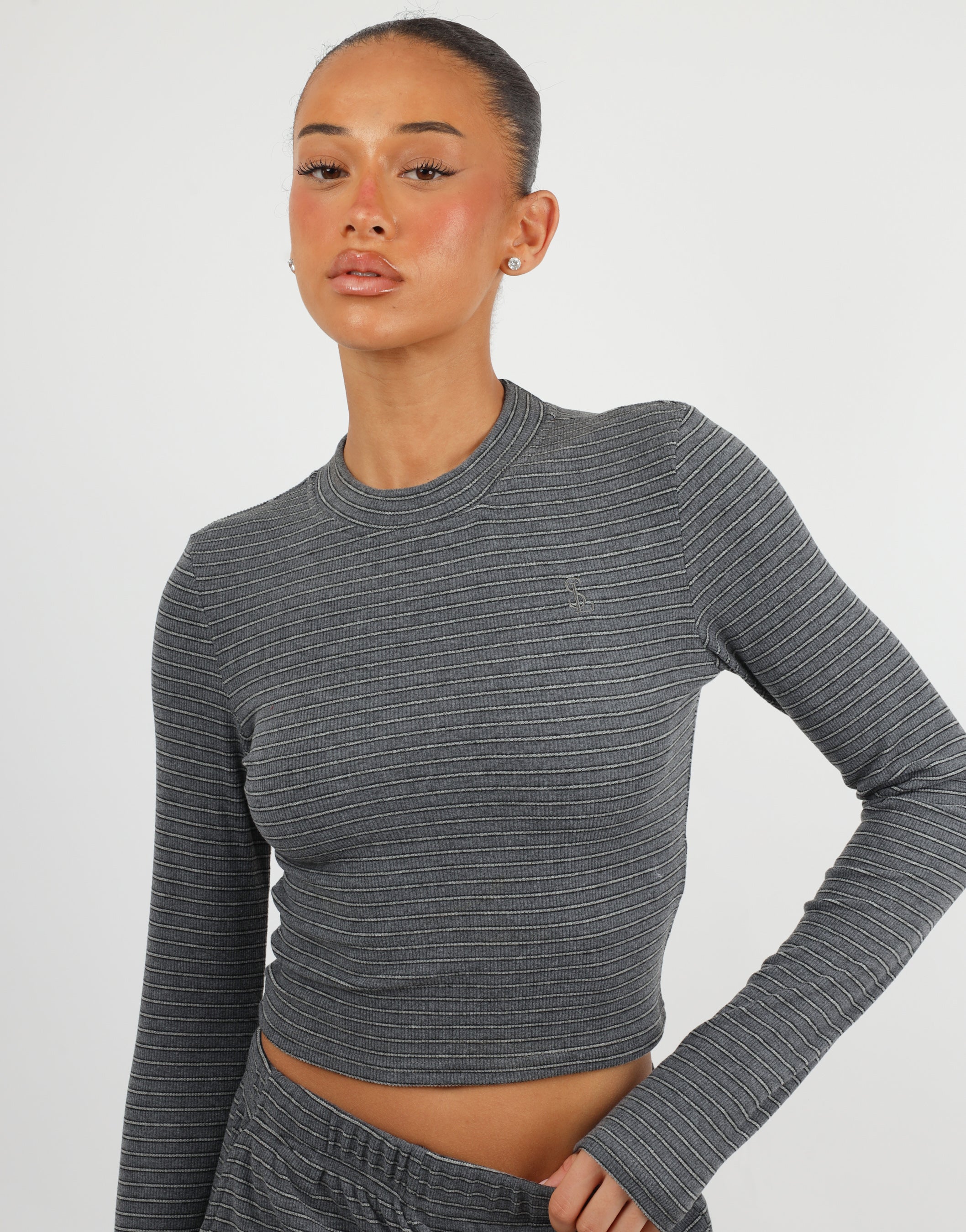 Monique Simmi Studios Soft Stripe Long T-Shirt In Dark Grey | SIMMI London