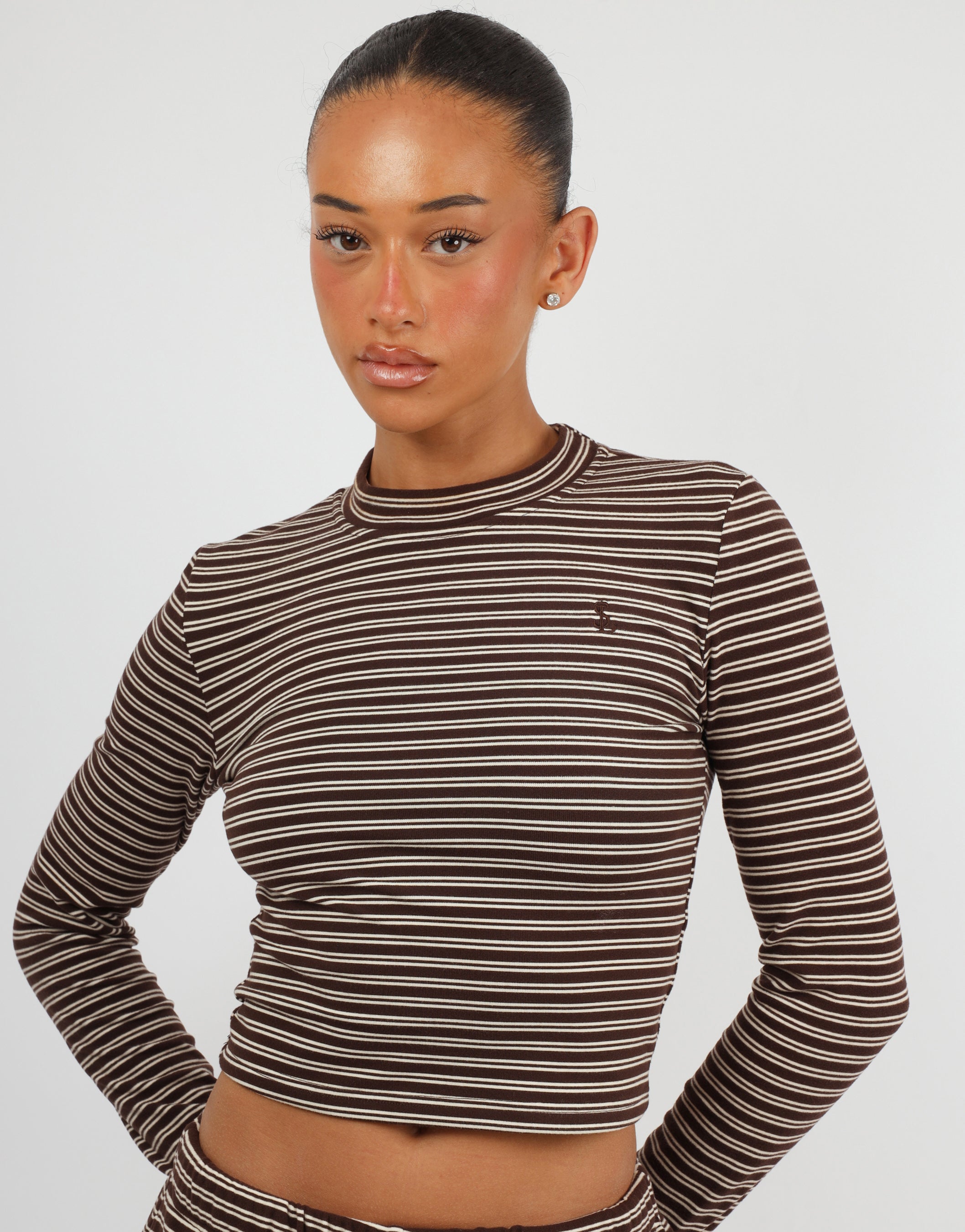 Marlo Super Soft Stripe Long T-Shirt In Brown | SIMMI London