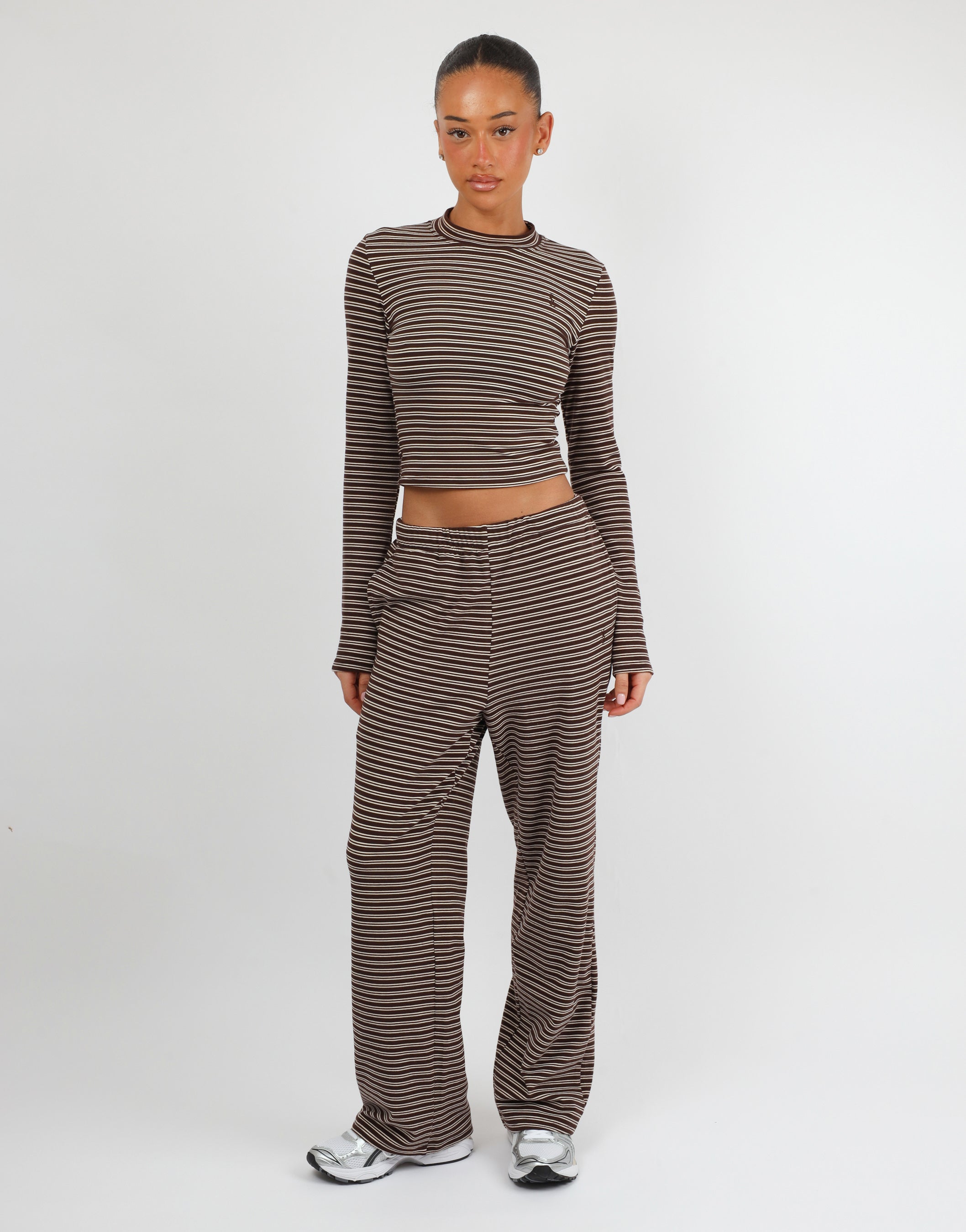 Marlo Super Soft Stripe Long T-Shirt In Brown | SIMMI London
