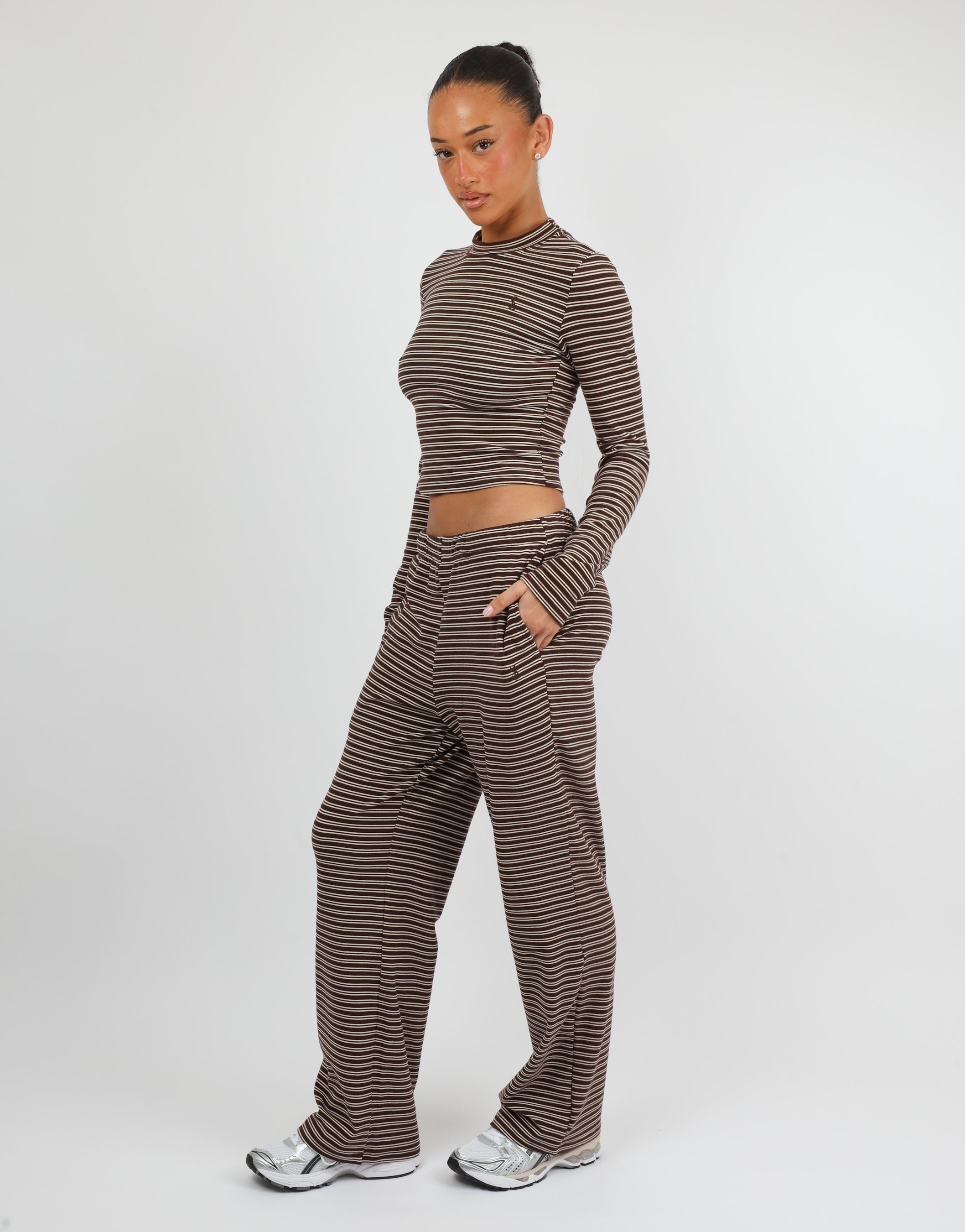 Marlo Super Soft Stripe Long T-Shirt In Brown | SIMMI London