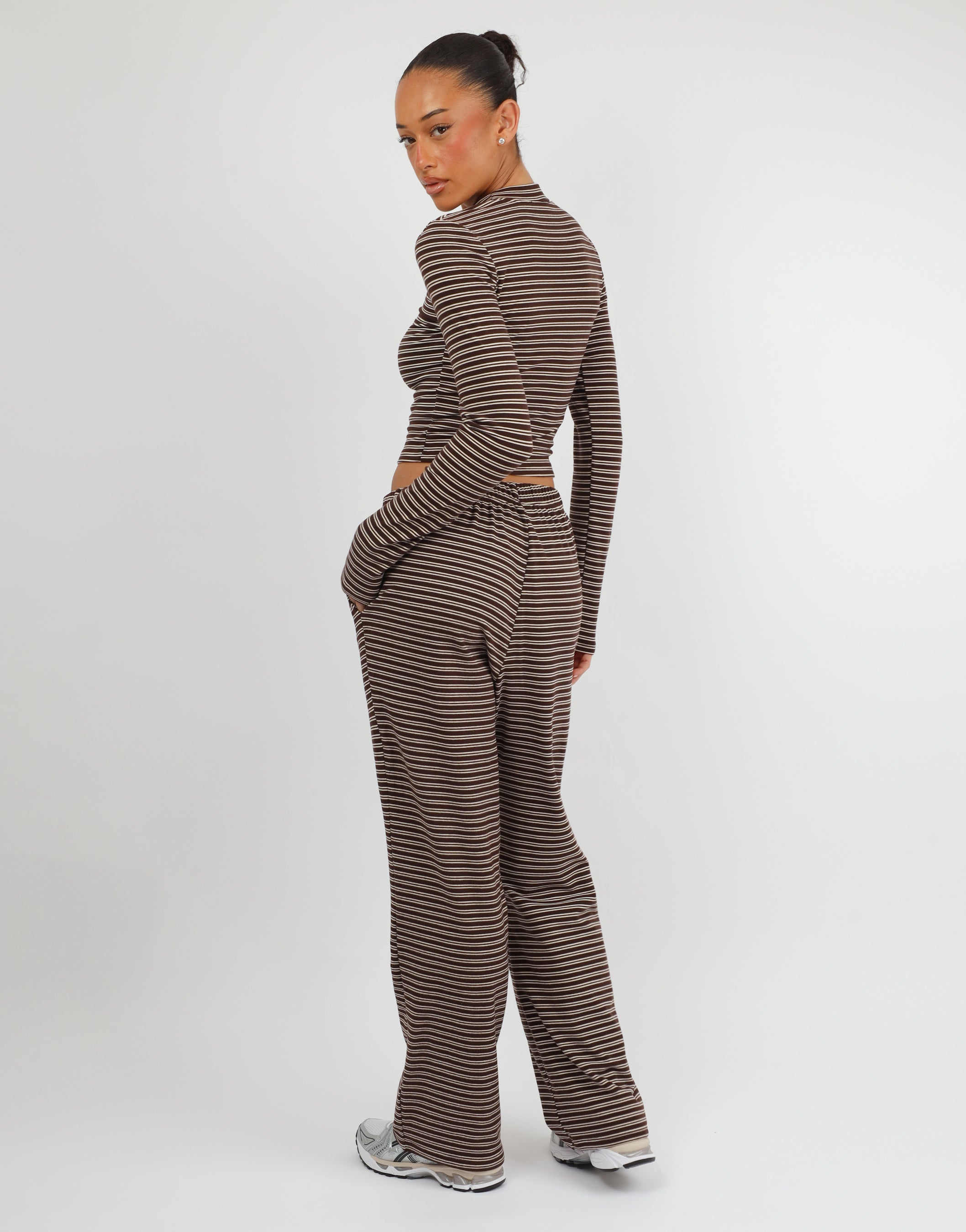 Marlo Super Soft Stripe Long T-Shirt In Brown | SIMMI London