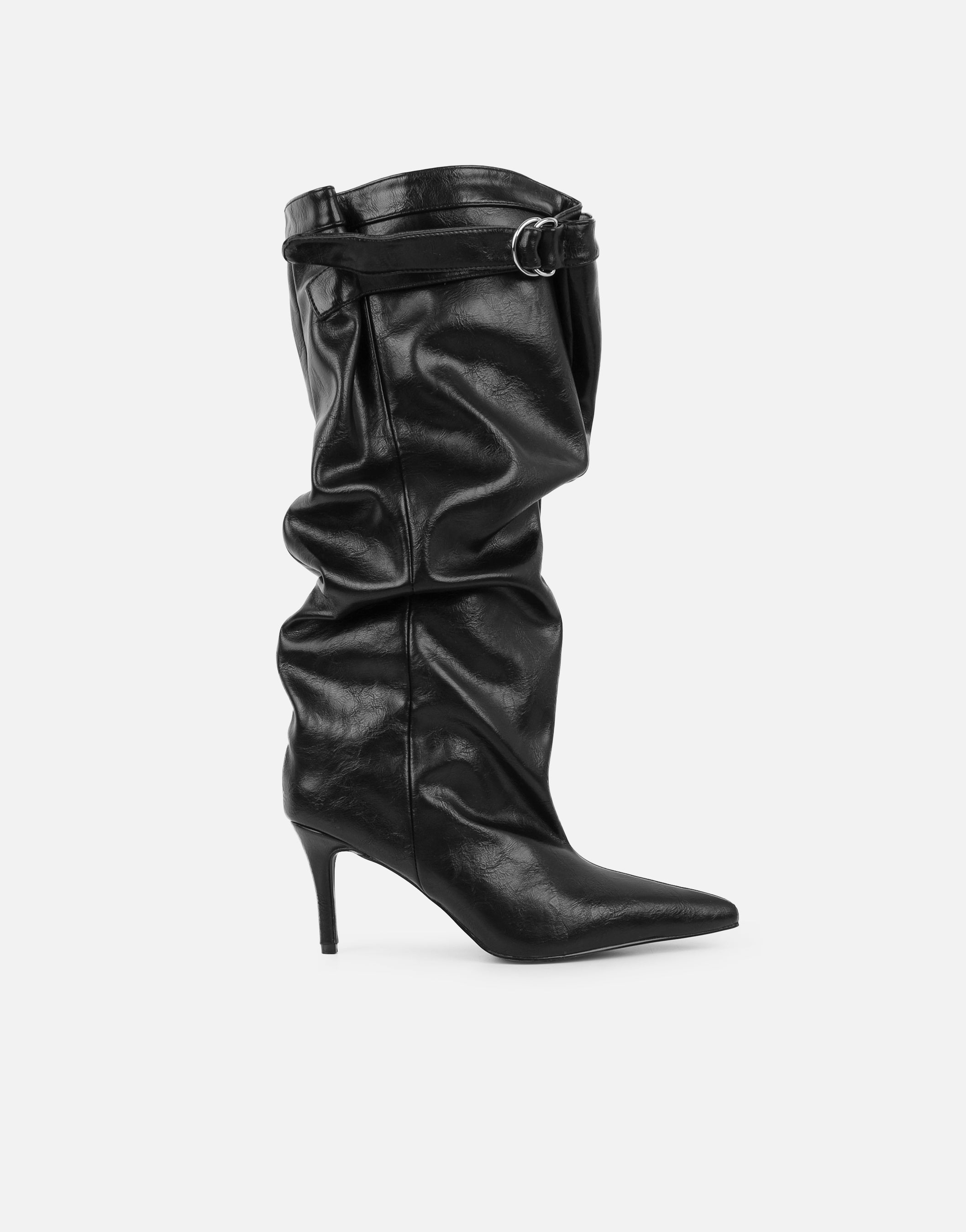 Mikel Black Leather Ruched Boots | SIMMI London