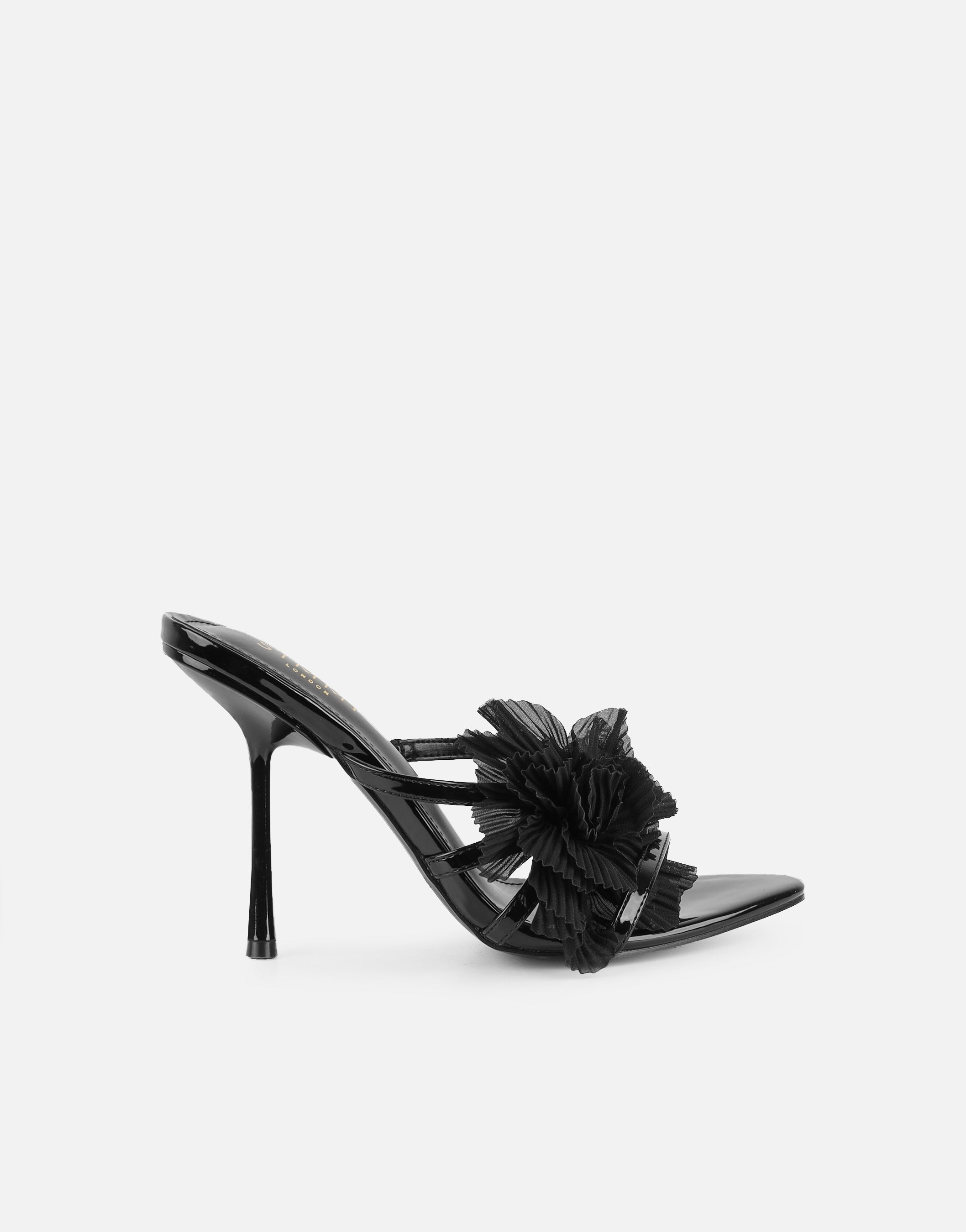 Tina Black Patent Flower Detail Heeled Sandals | SIMMI London