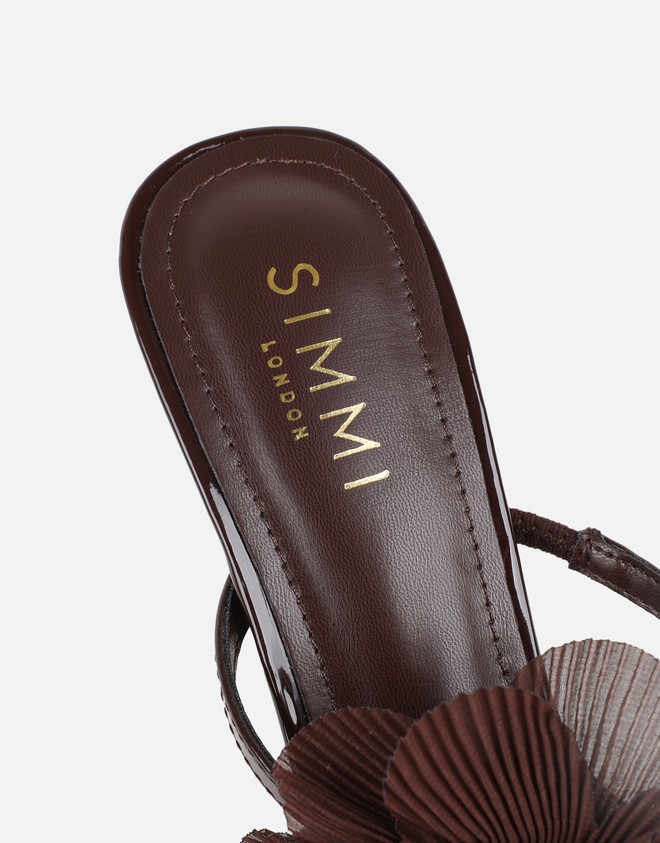 Tina Chocolate Patent Flower Detail Heeled Sandals | SIMMI London